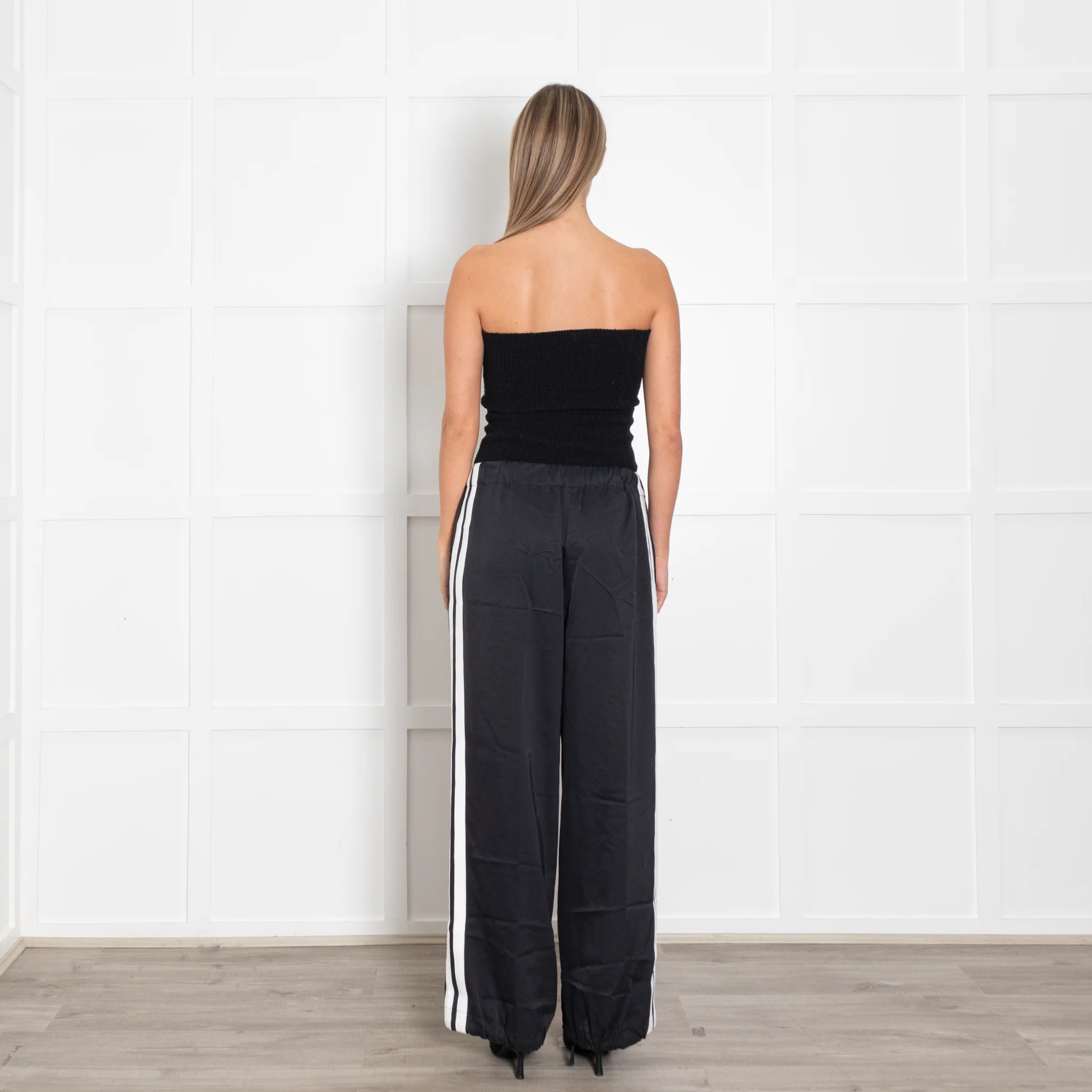 Serena Bute Black Wide Leg Trousers with White Side Stripe - Image 4