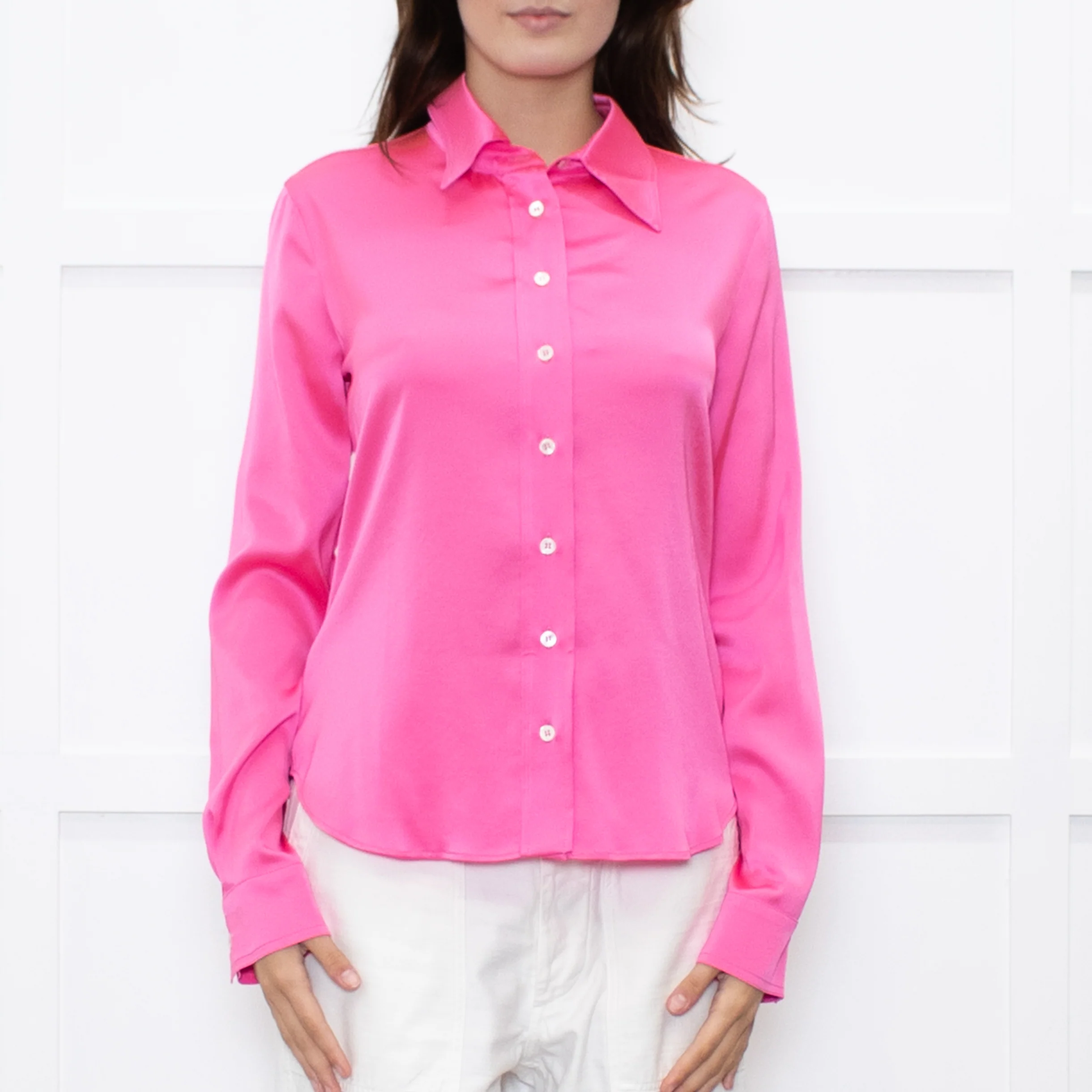 Serena Bute Lipstick Pink Satin Shirt - Image 2