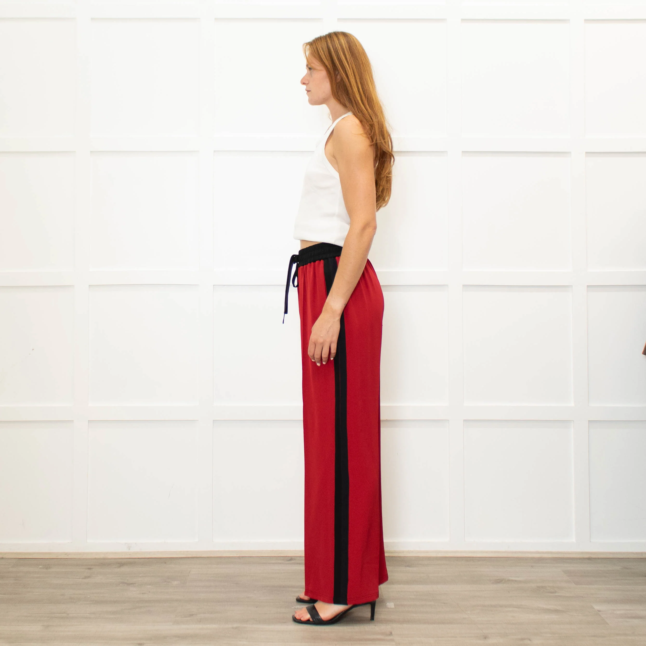 Serena Bute Red Black Stripe Silk Wide Leg Trousers - Image 4