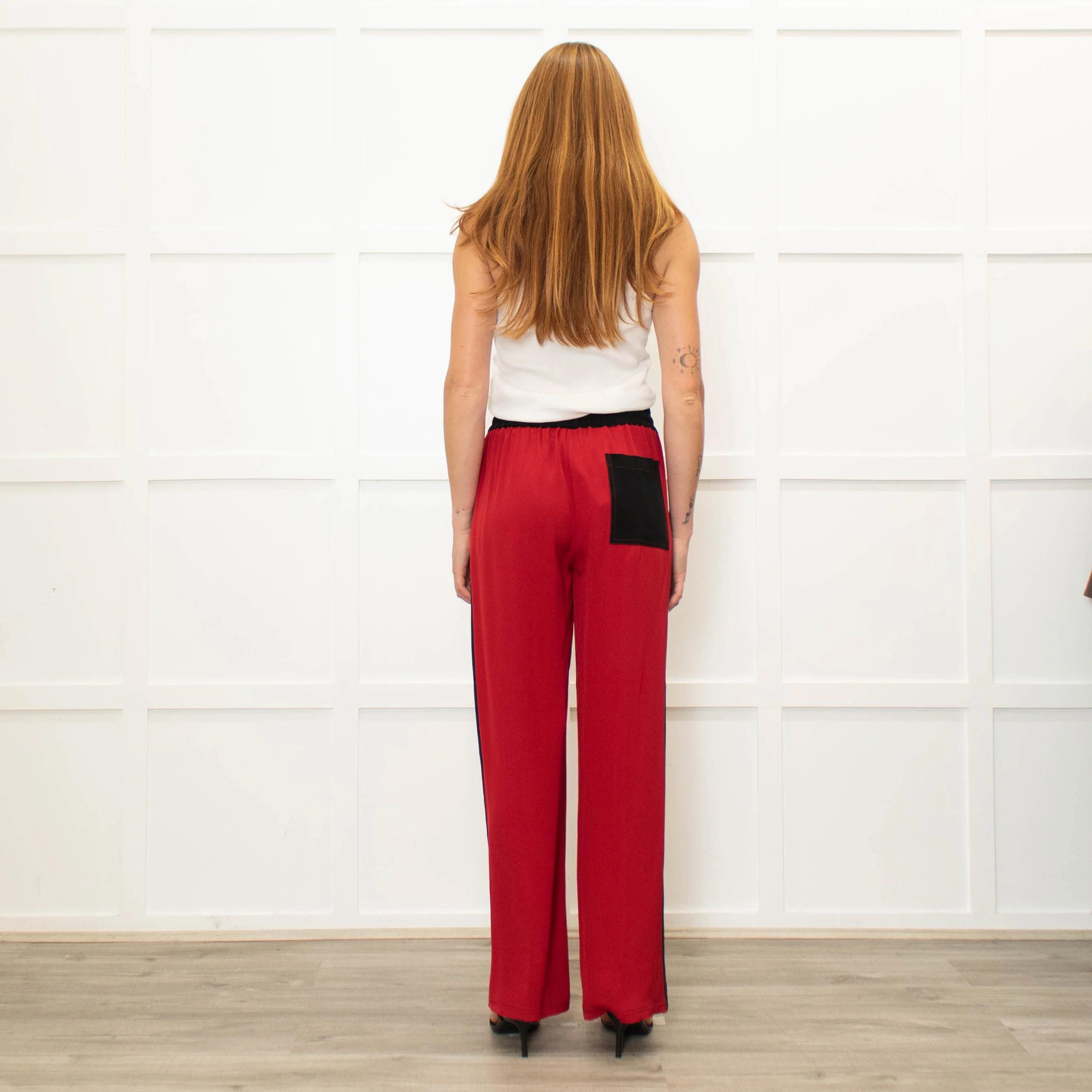 Serena Bute Red Black Stripe Silk Wide Leg Trousers - Image 5