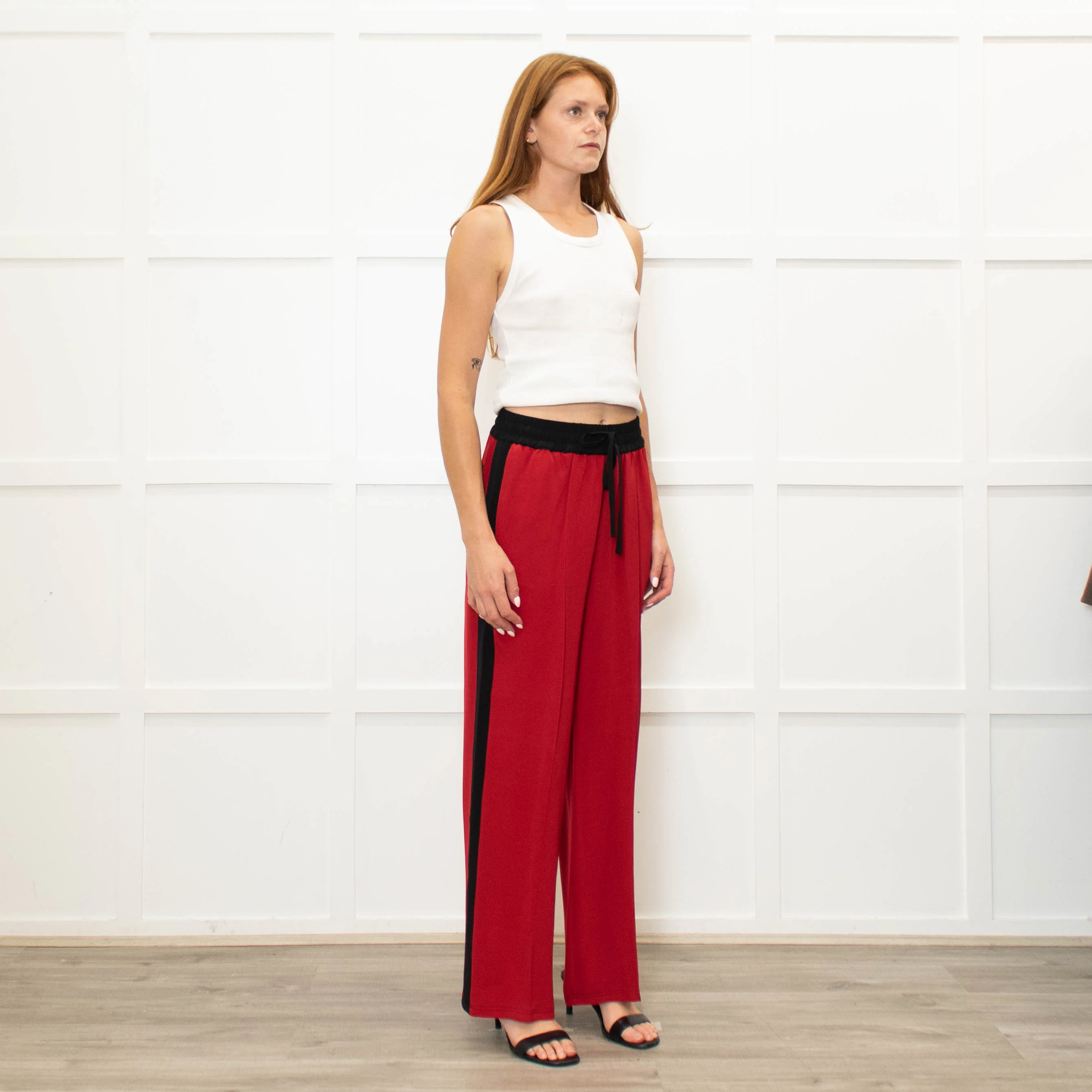 Serena Bute Red Black Stripe Silk Wide Leg Trousers - Image 7