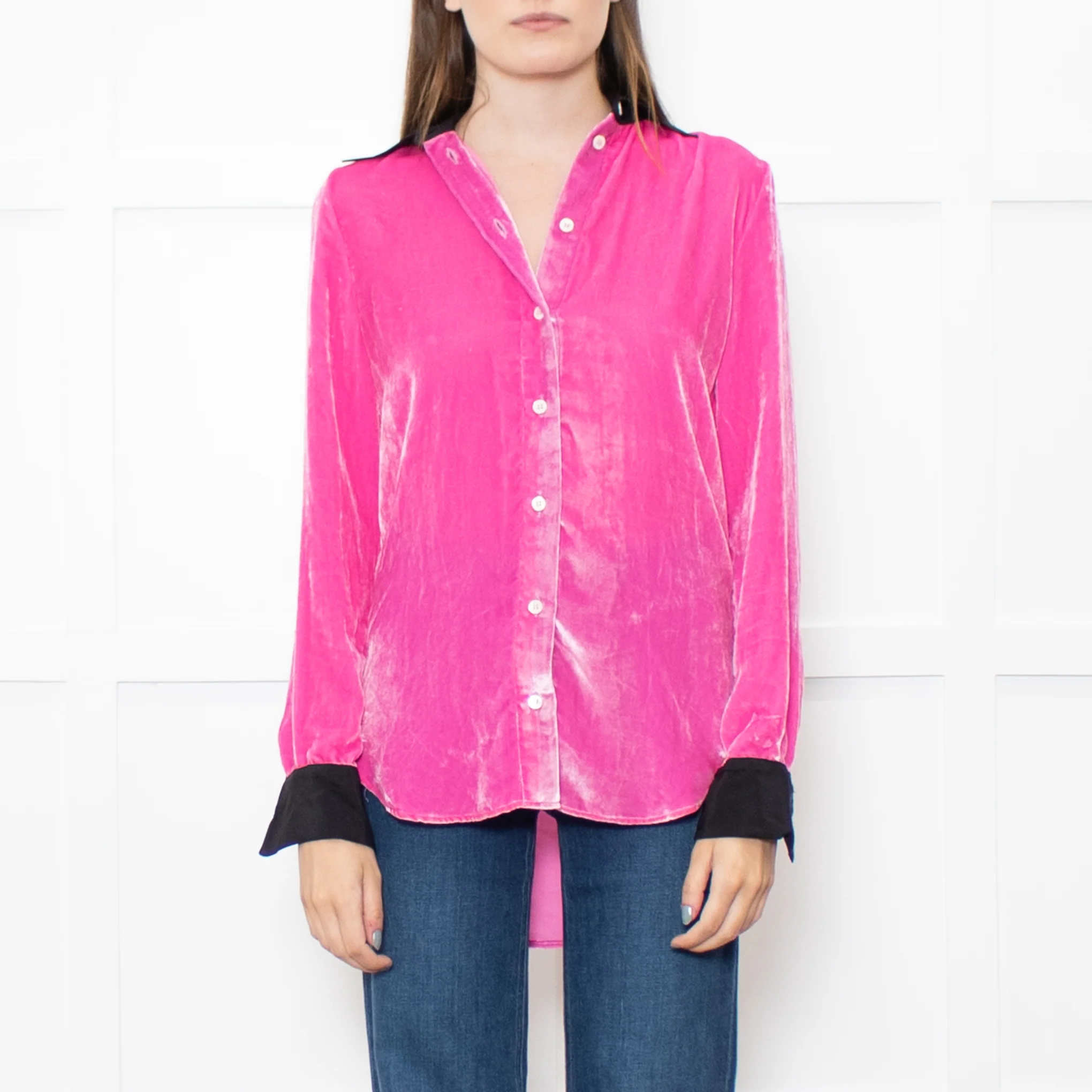 Serena Bute Pink Neon Pink Velvet Black Collar Top - Image 2