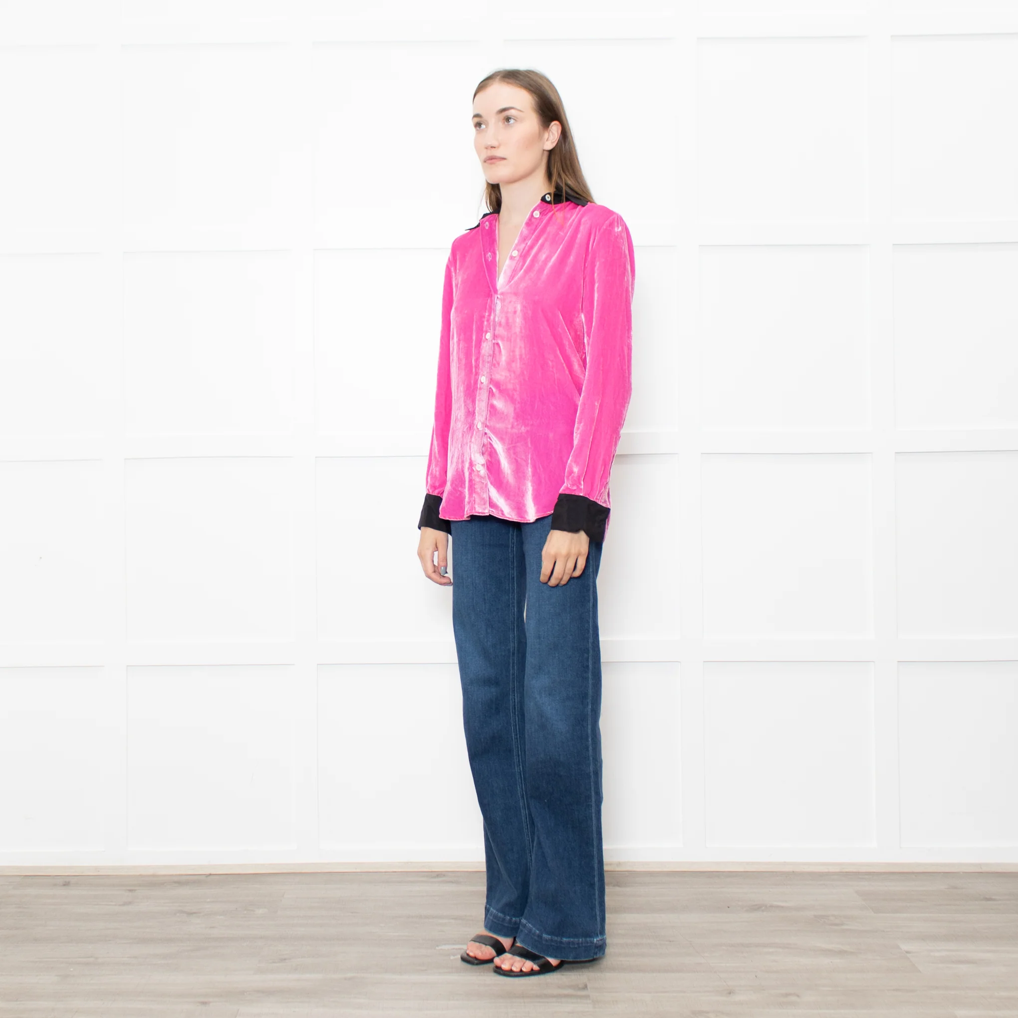 Serena Bute Pink Neon Pink Velvet Black Collar Top - Image 3