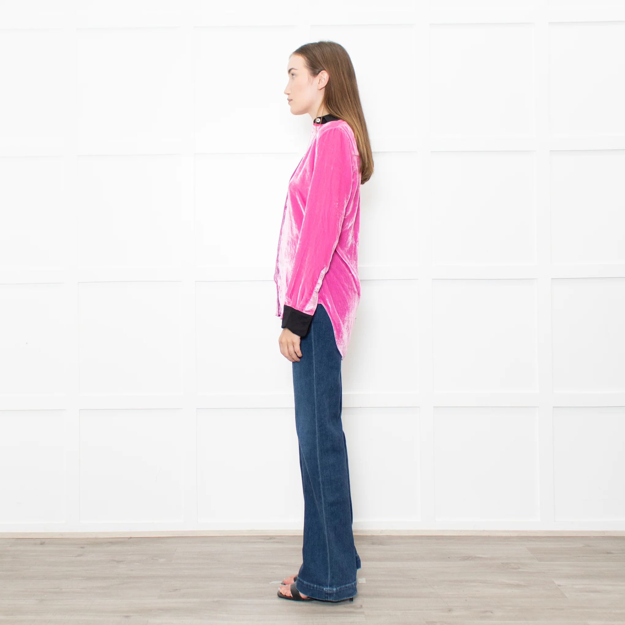 Serena Bute Pink Neon Pink Velvet Black Collar Top - Image 4