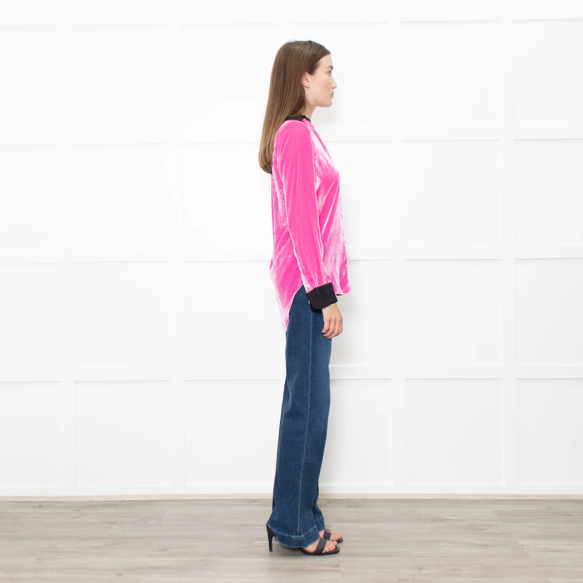 Serena Bute Pink Neon Pink Velvet Black Collar Top - Image 6