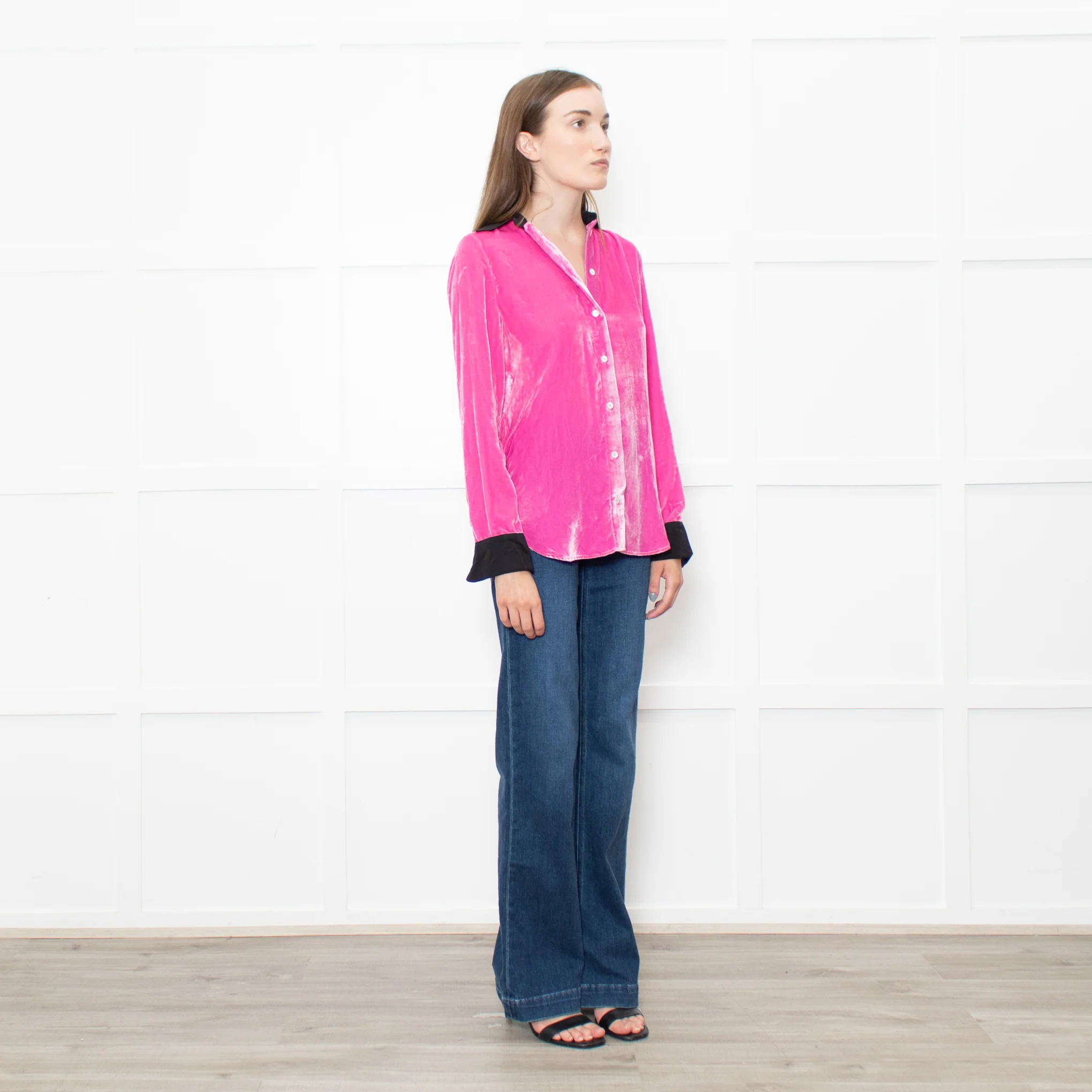 Serena Bute Pink Neon Pink Velvet Black Collar Top - Image 7
