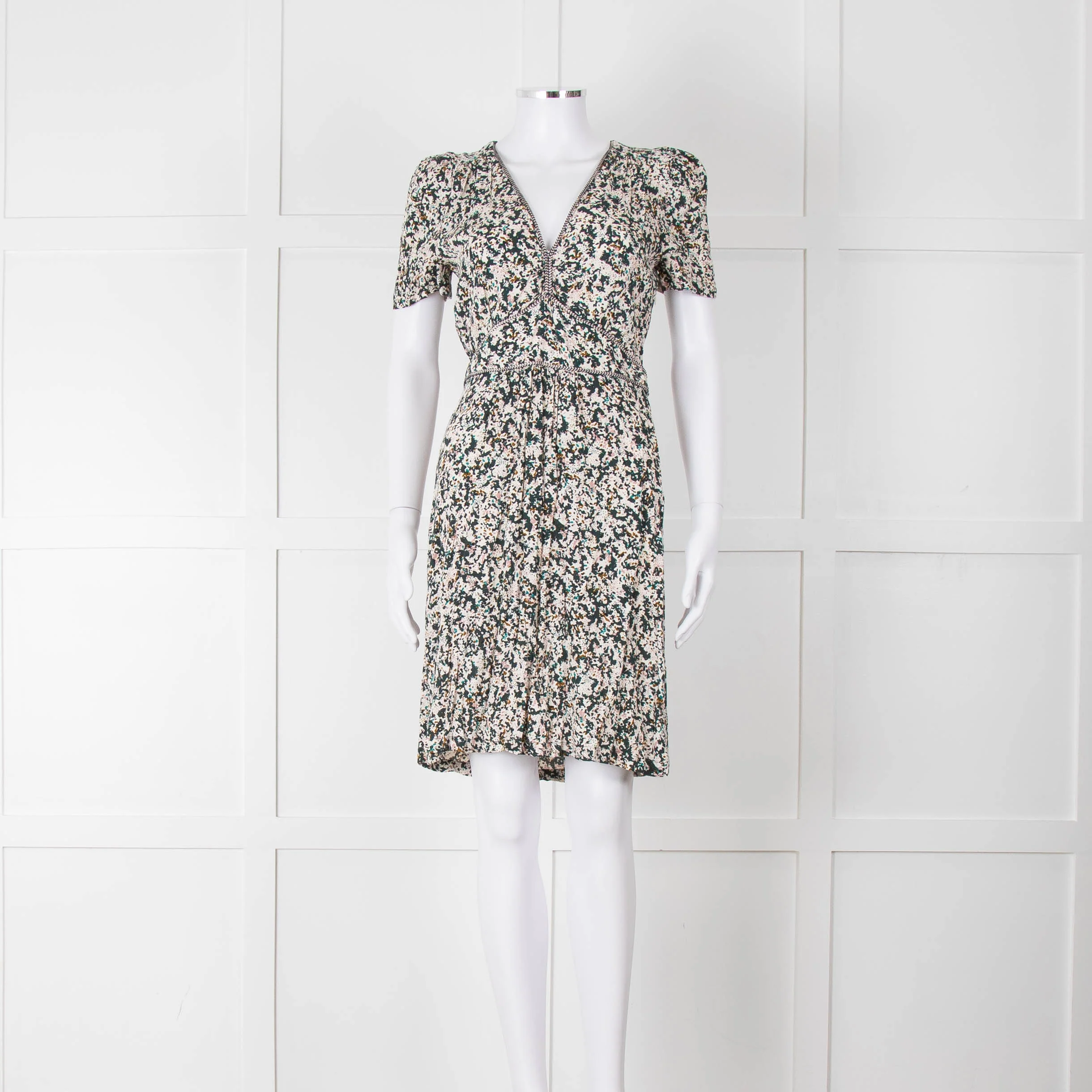 Sessun Cream Dark Green Pink Pattern Knee Length Dress
