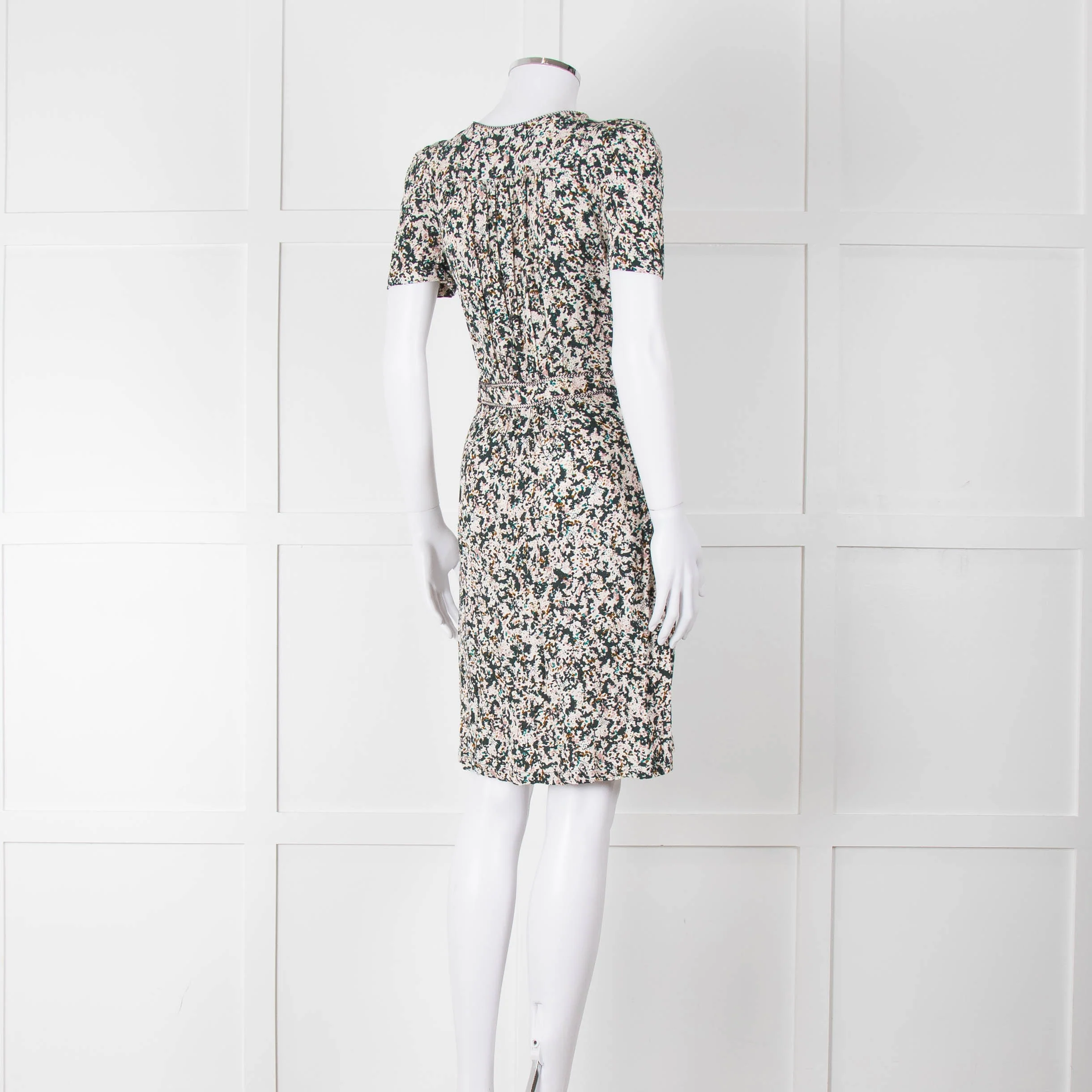 Sessun Cream Dark Green Pink Pattern Knee Length Dress - Image 4