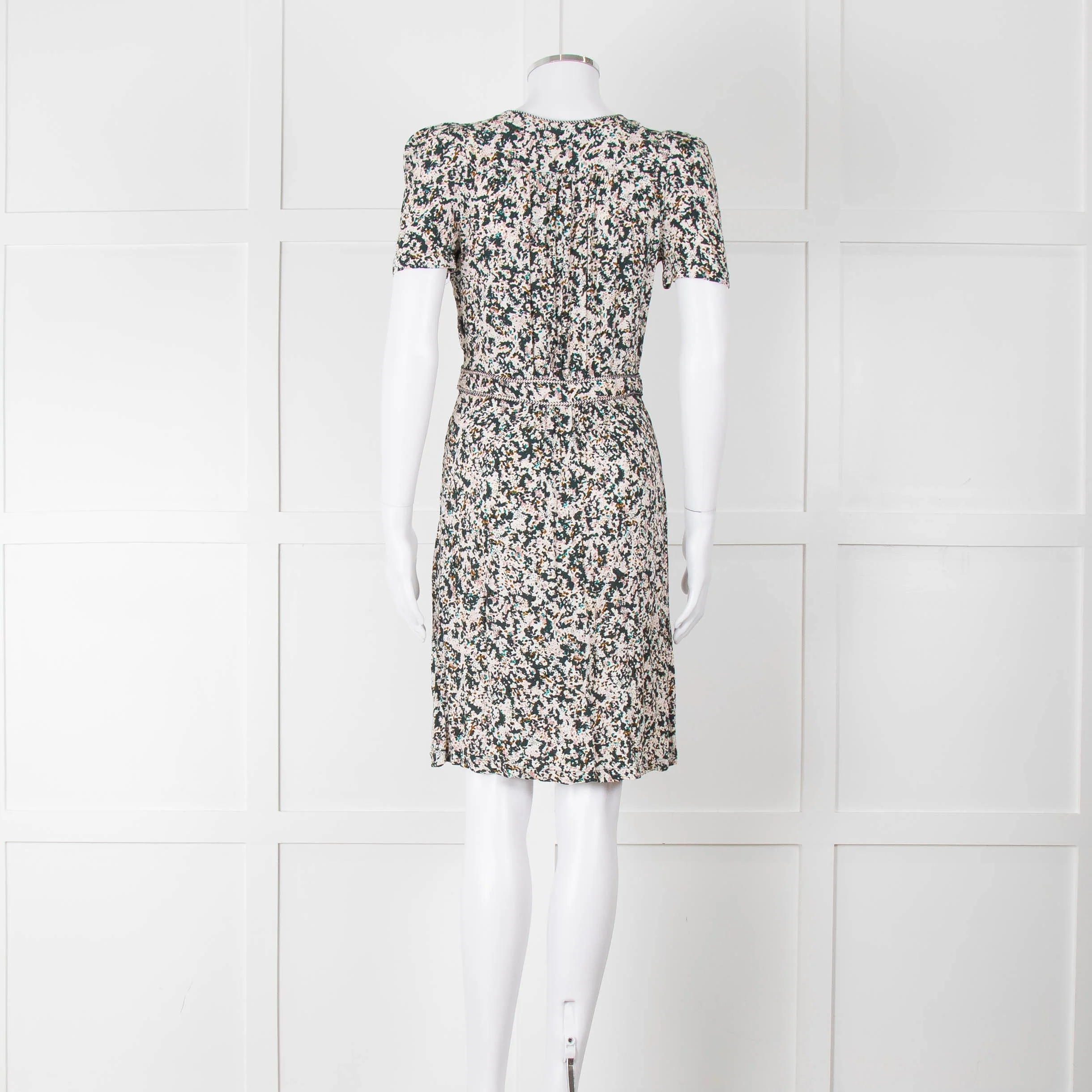 Sessun Cream Dark Green Pink Pattern Knee Length Dress - Image 5