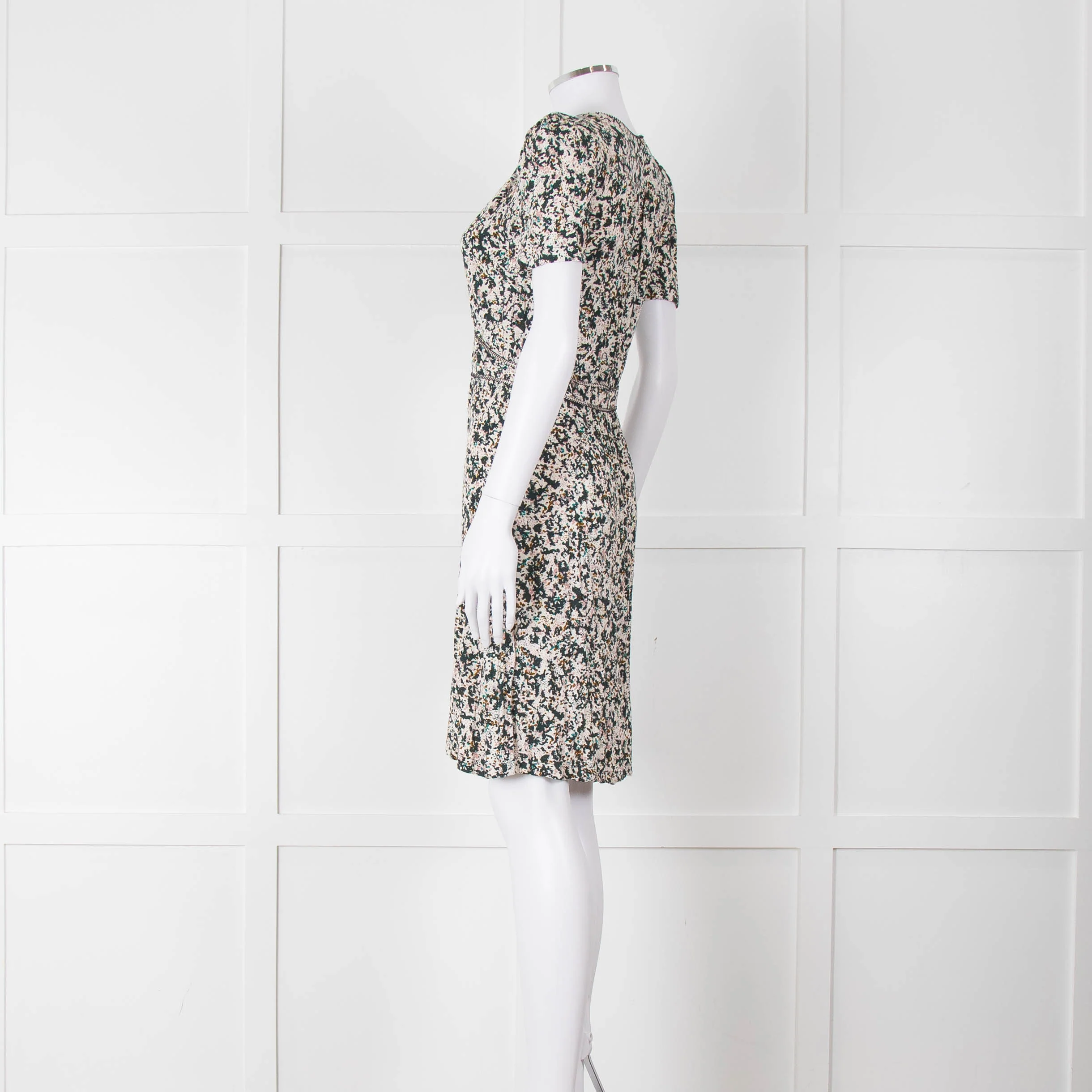 Sessun Cream Dark Green Pink Pattern Knee Length Dress - Image 6
