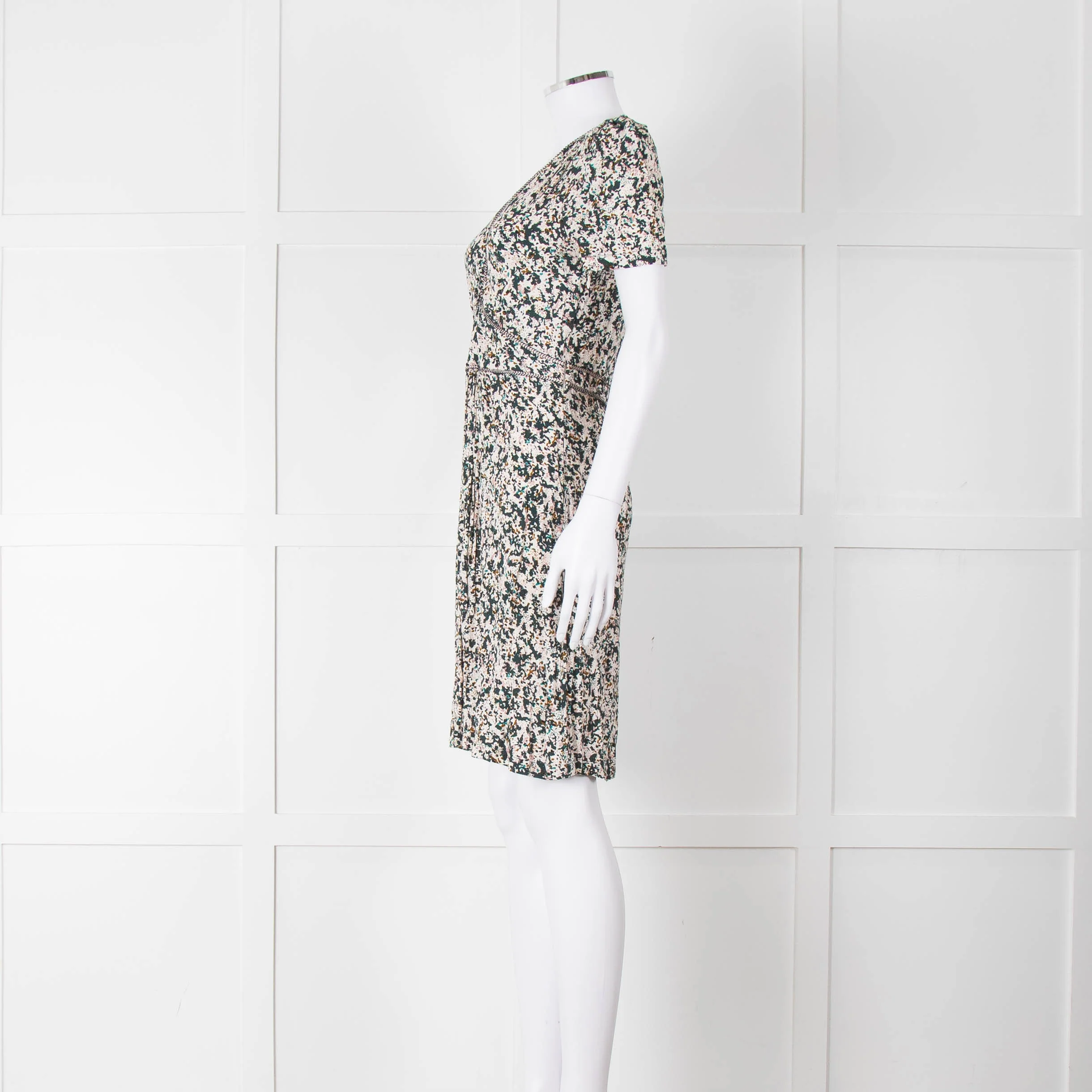 Sessun Cream Dark Green Pink Pattern Knee Length Dress - Image 7