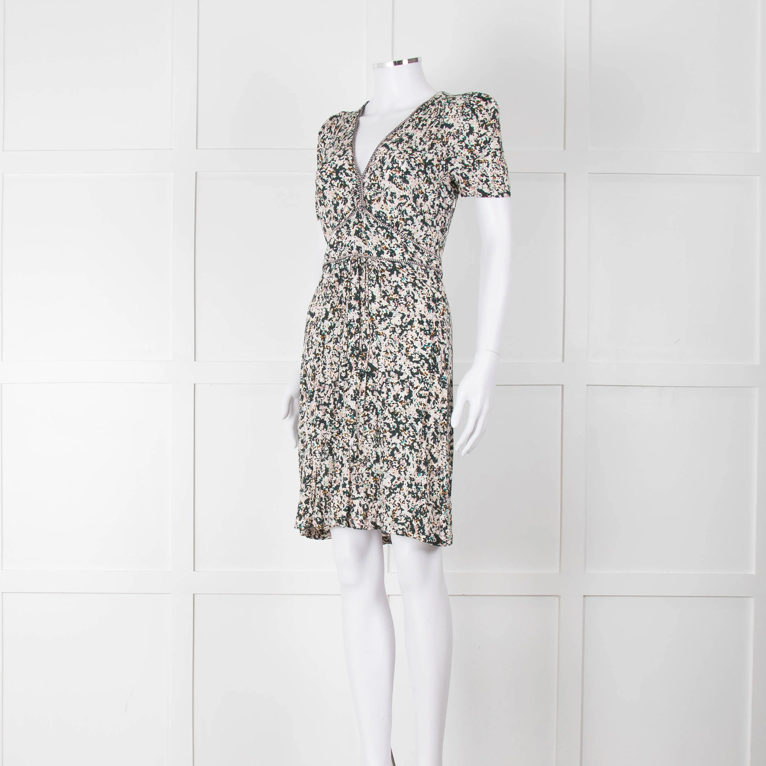 Sessun Cream Dark Green Pink Pattern Knee Length Dress - Image 8