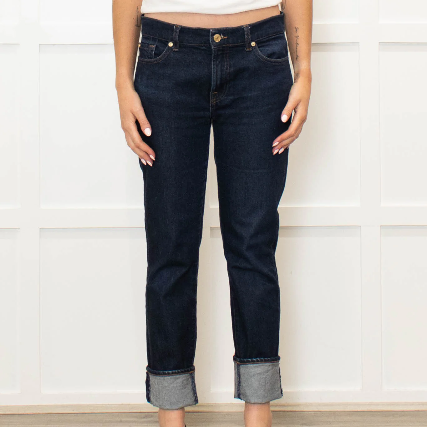 Seven For All Mankind Dark Denim Straight Jeans With Turnups - Image 2