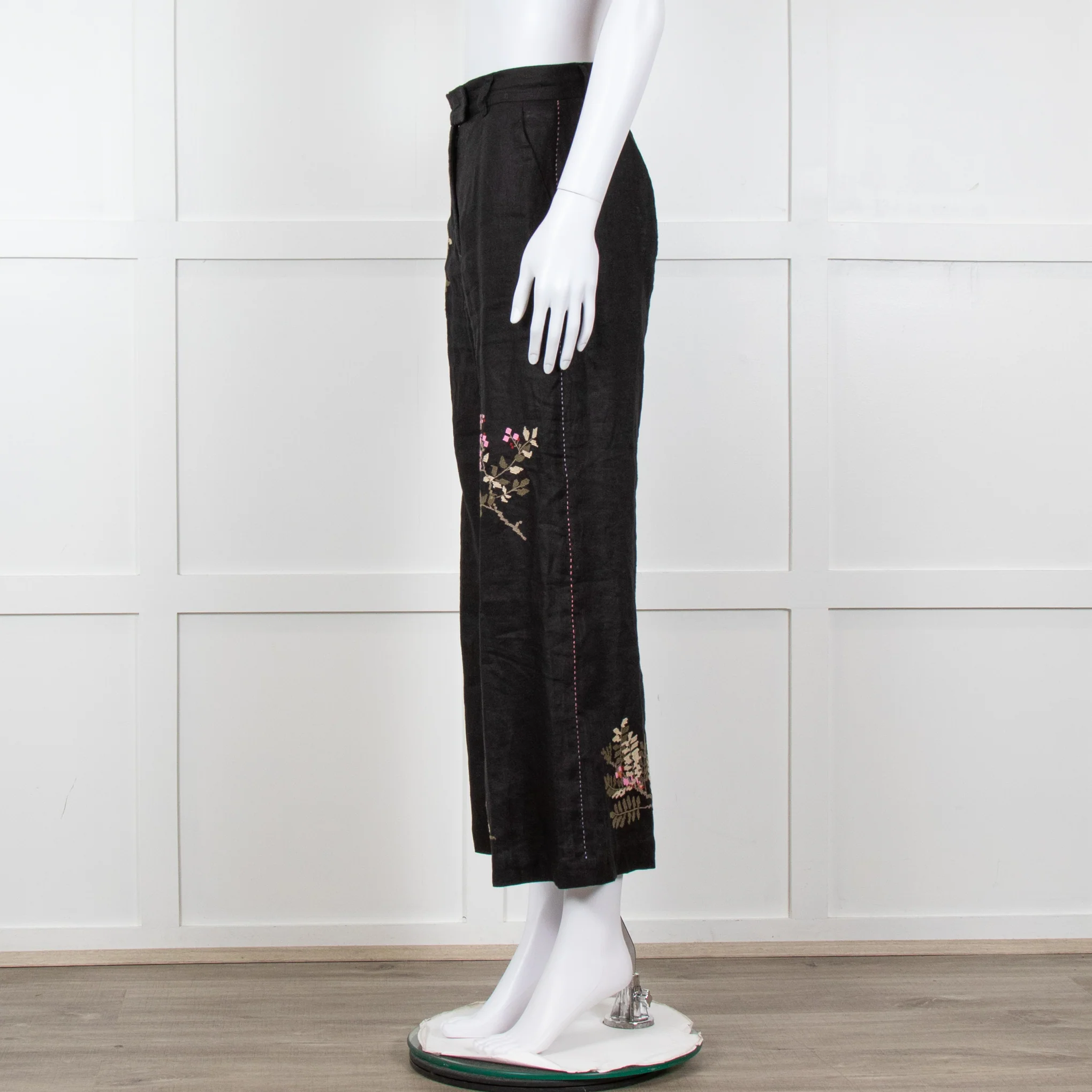 Seventy Venezia Black Linen Embroidered Flower Pattern Wide Leg Trousers - Image 3