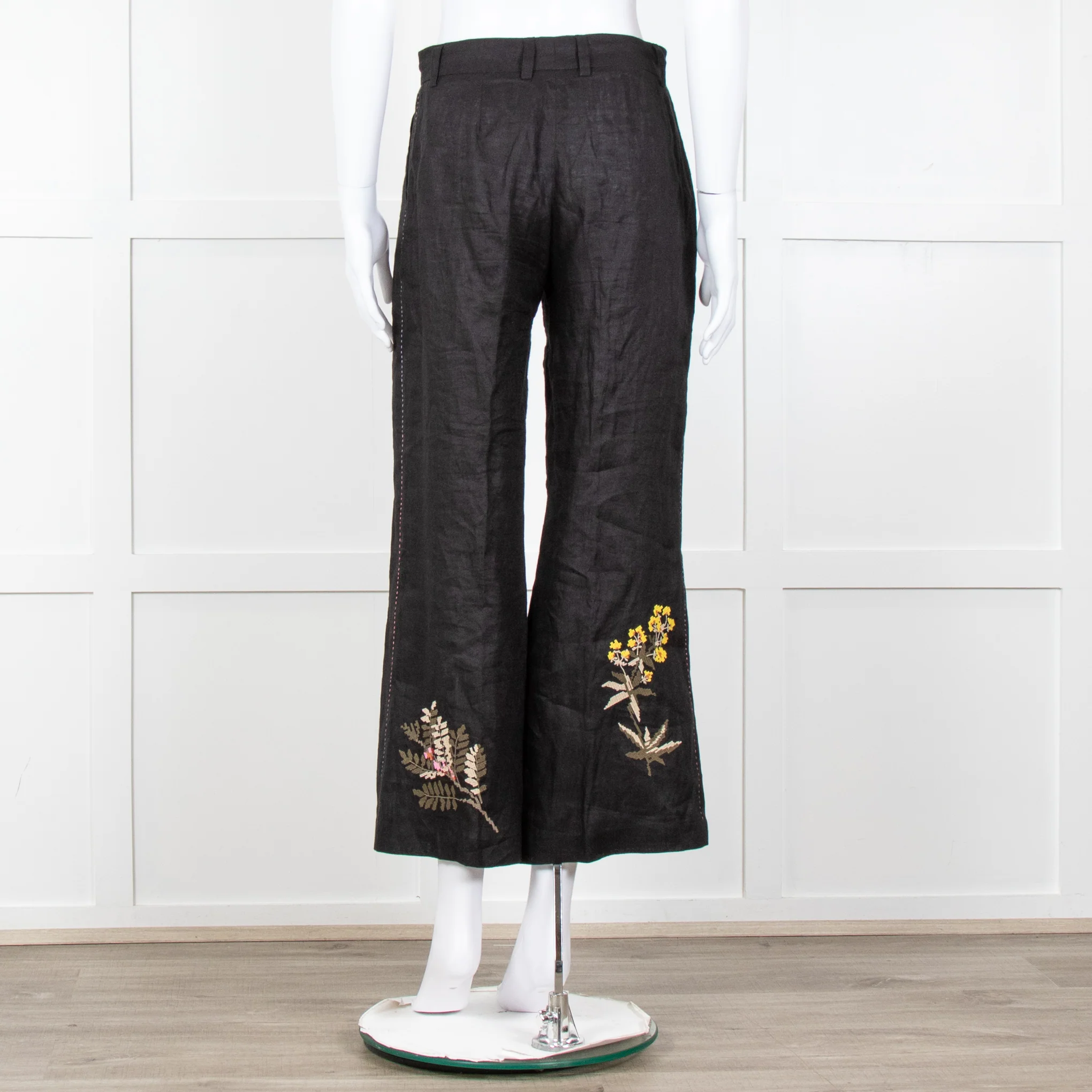 Seventy Venezia Black Linen Embroidered Flower Pattern Wide Leg Trousers - Image 5