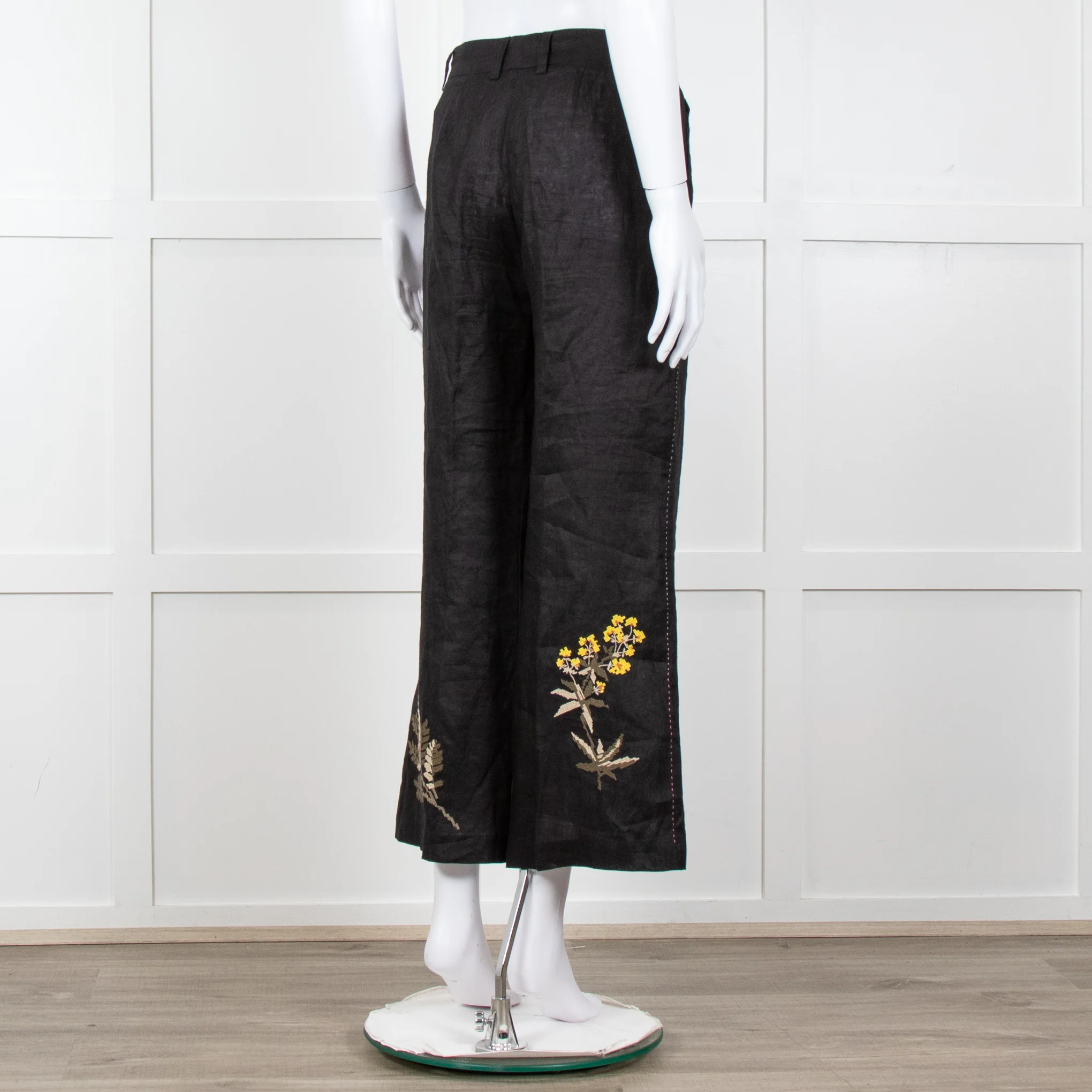 Seventy Venezia Black Linen Embroidered Flower Pattern Wide Leg Trousers - Image 6