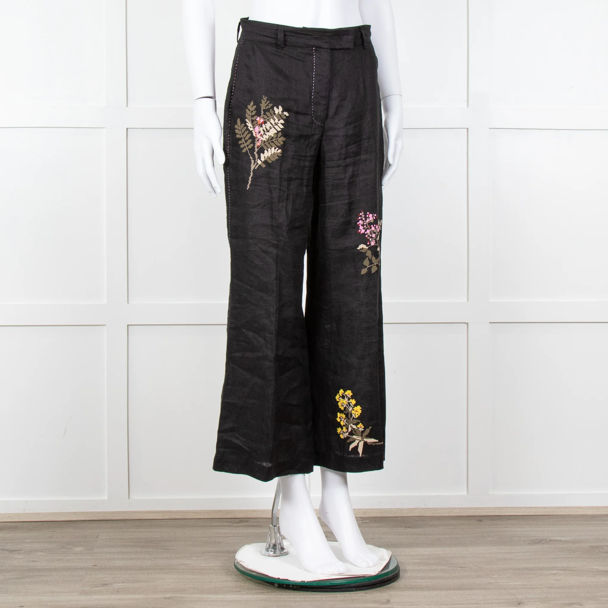 Seventy Venezia Black Linen Embroidered Flower Pattern Wide Leg Trousers - Image 8