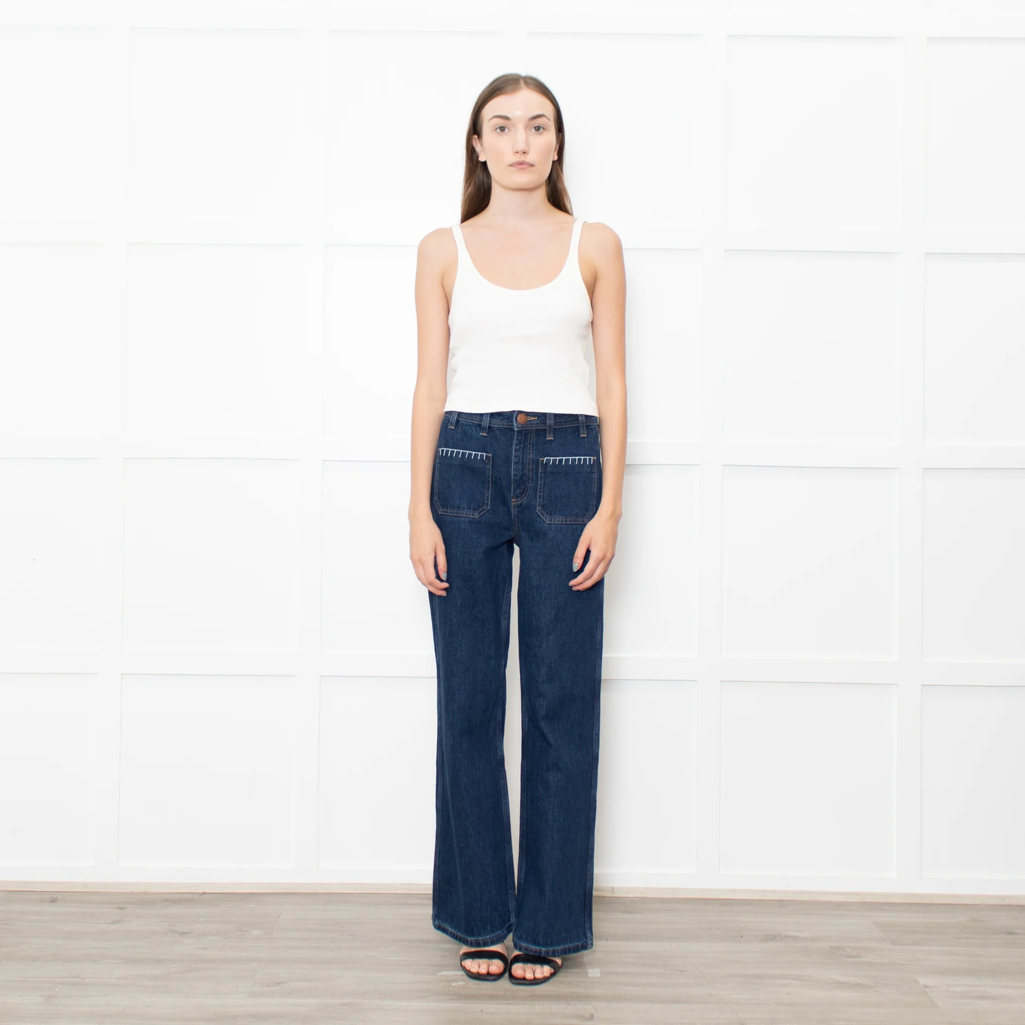 Seventy & Mochi Blue Denim White Blanket Stitch Trim Pockets Wide Leg Jeans
