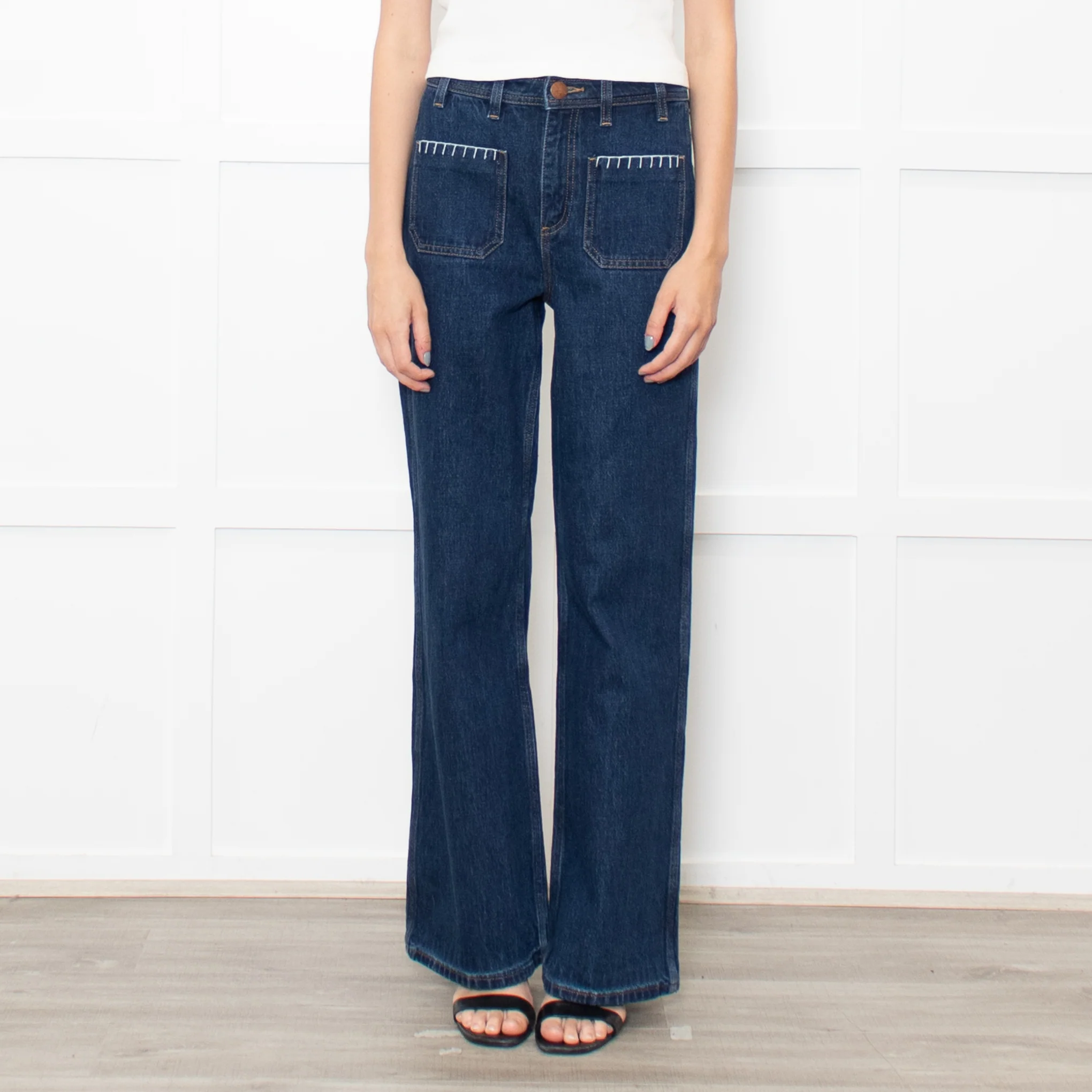 Seventy & Mochi Blue Denim White Blanket Stitch Trim Pockets Wide Leg Jeans - Image 2