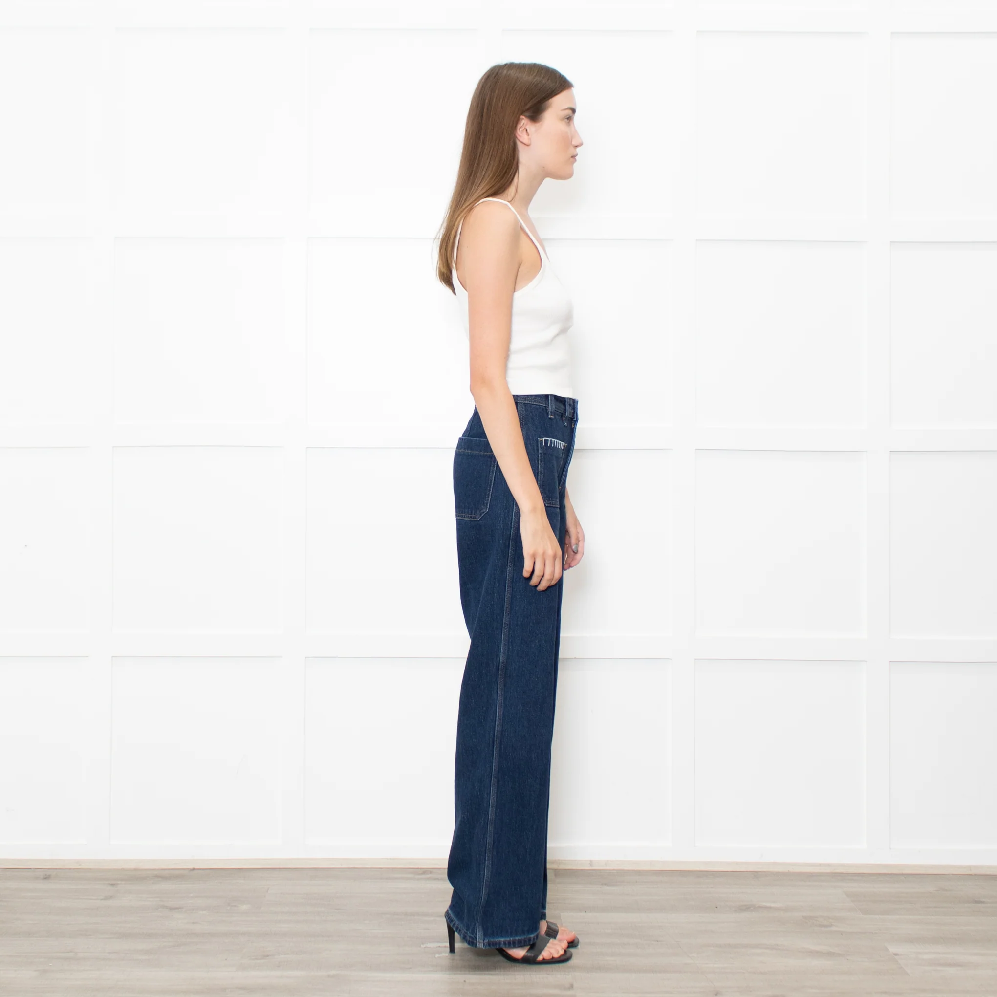 Seventy & Mochi Blue Denim White Blanket Stitch Trim Pockets Wide Leg Jeans - Image 6