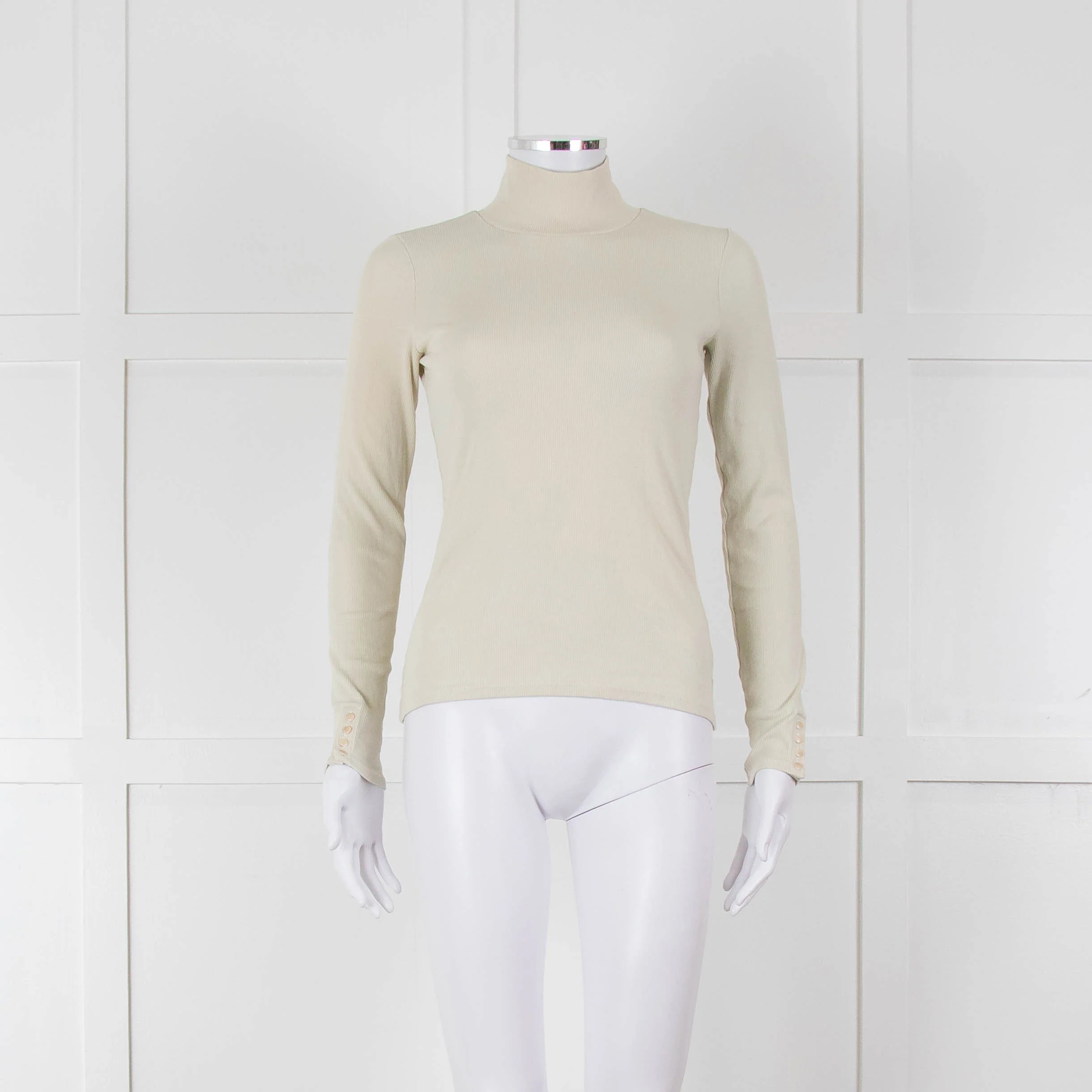 Sezane Beige Cotton Ribbed Long Sleeve T-Shirt