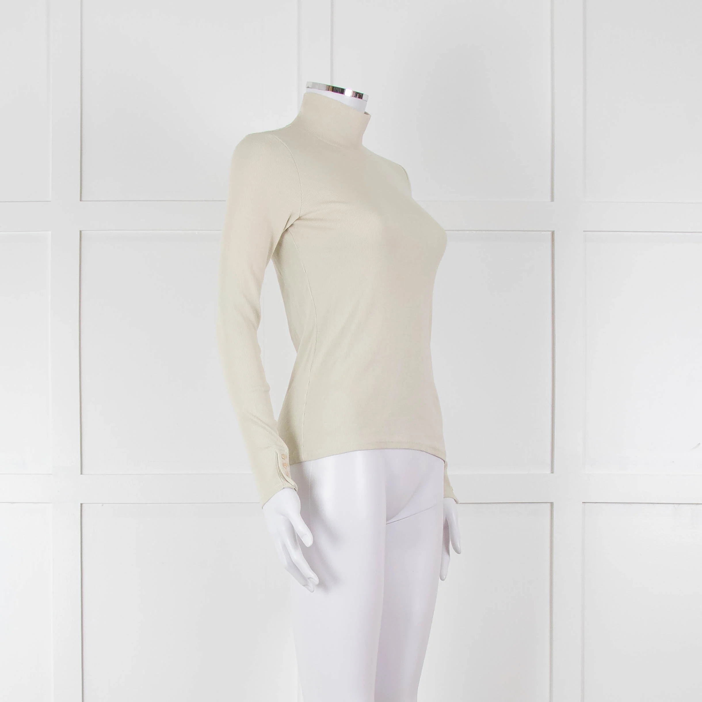 Sezane Beige Cotton Ribbed Long Sleeve T-Shirt - Image 2