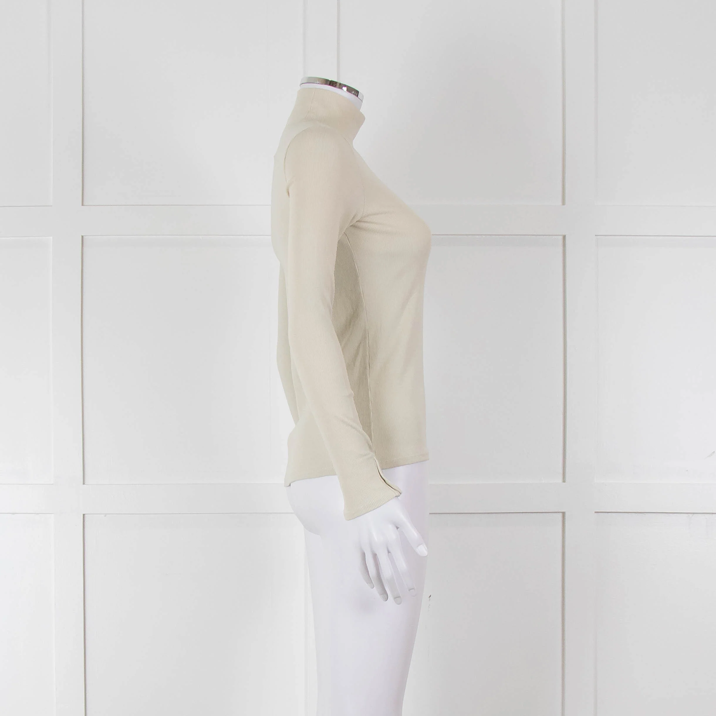 Sezane Beige Cotton Ribbed Long Sleeve T-Shirt - Image 3