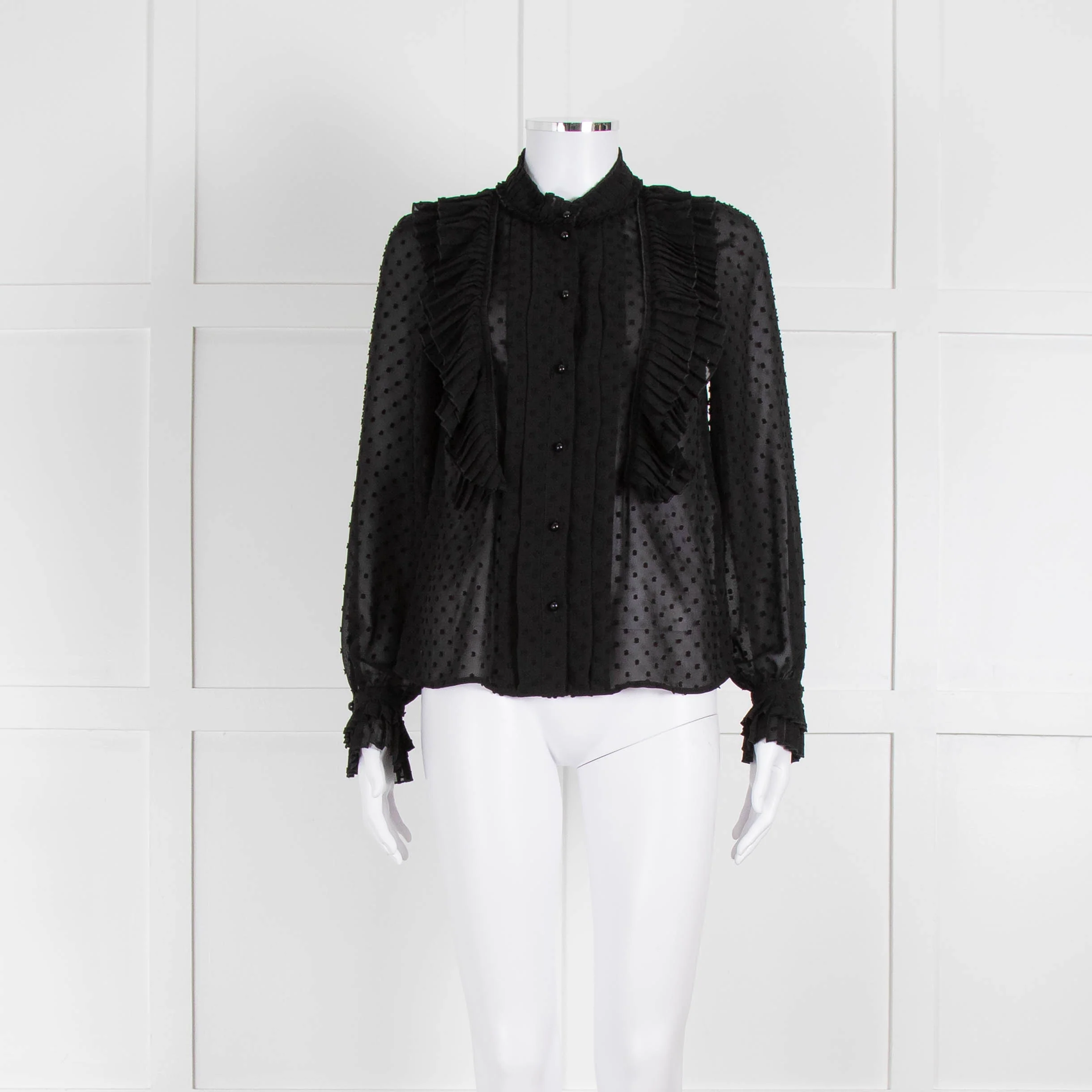 Sezane Black Chiffon Dot Ruffle Detail Blouse