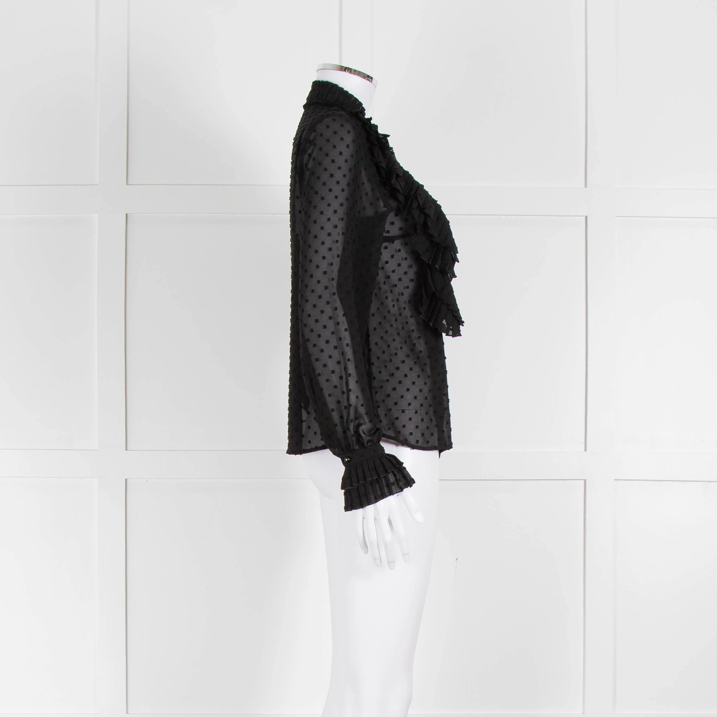 Sezane Black Chiffon Dot Ruffle Detail Blouse - Image 3