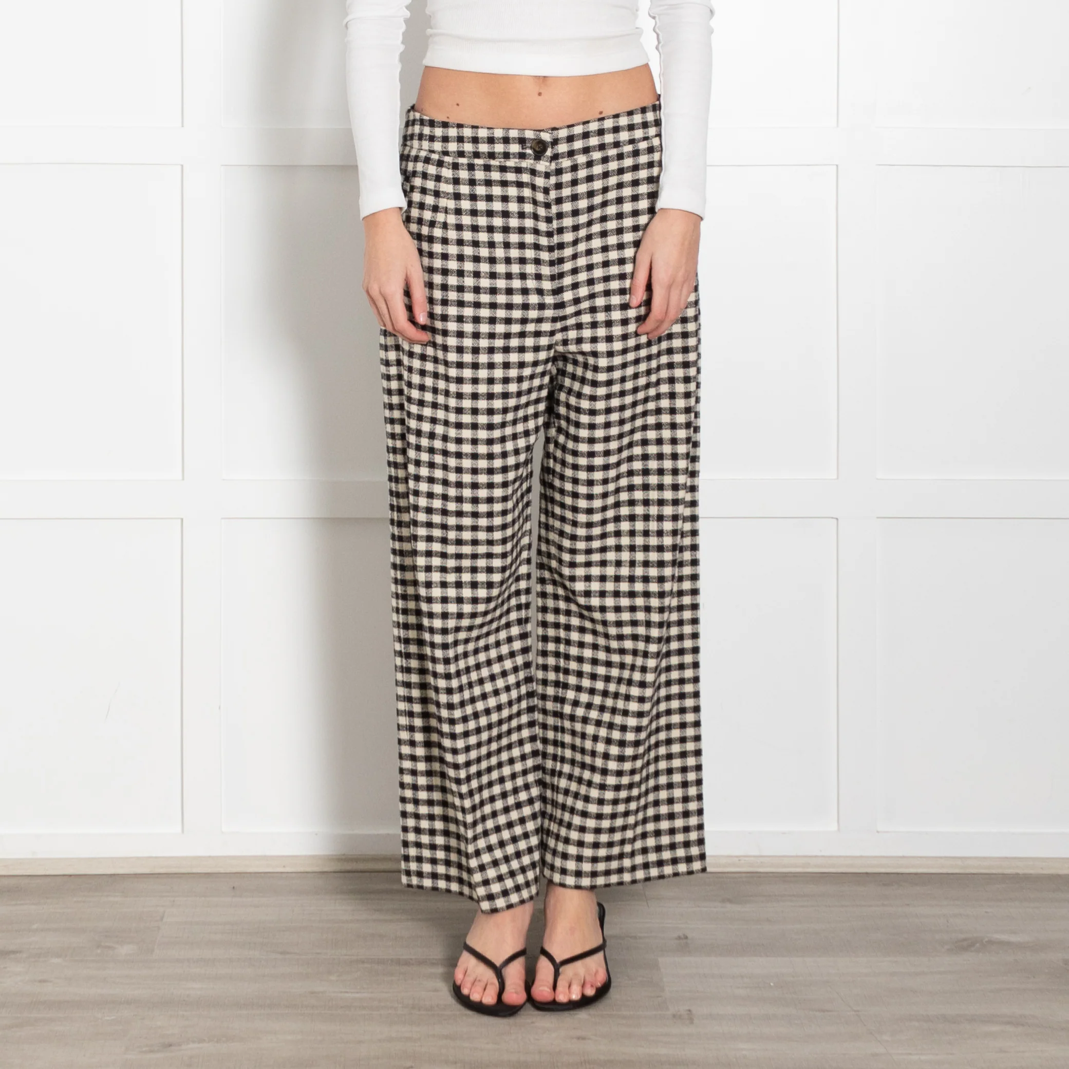 Sezane Black Cream Check Wide Leg Long Trousers - Image 2