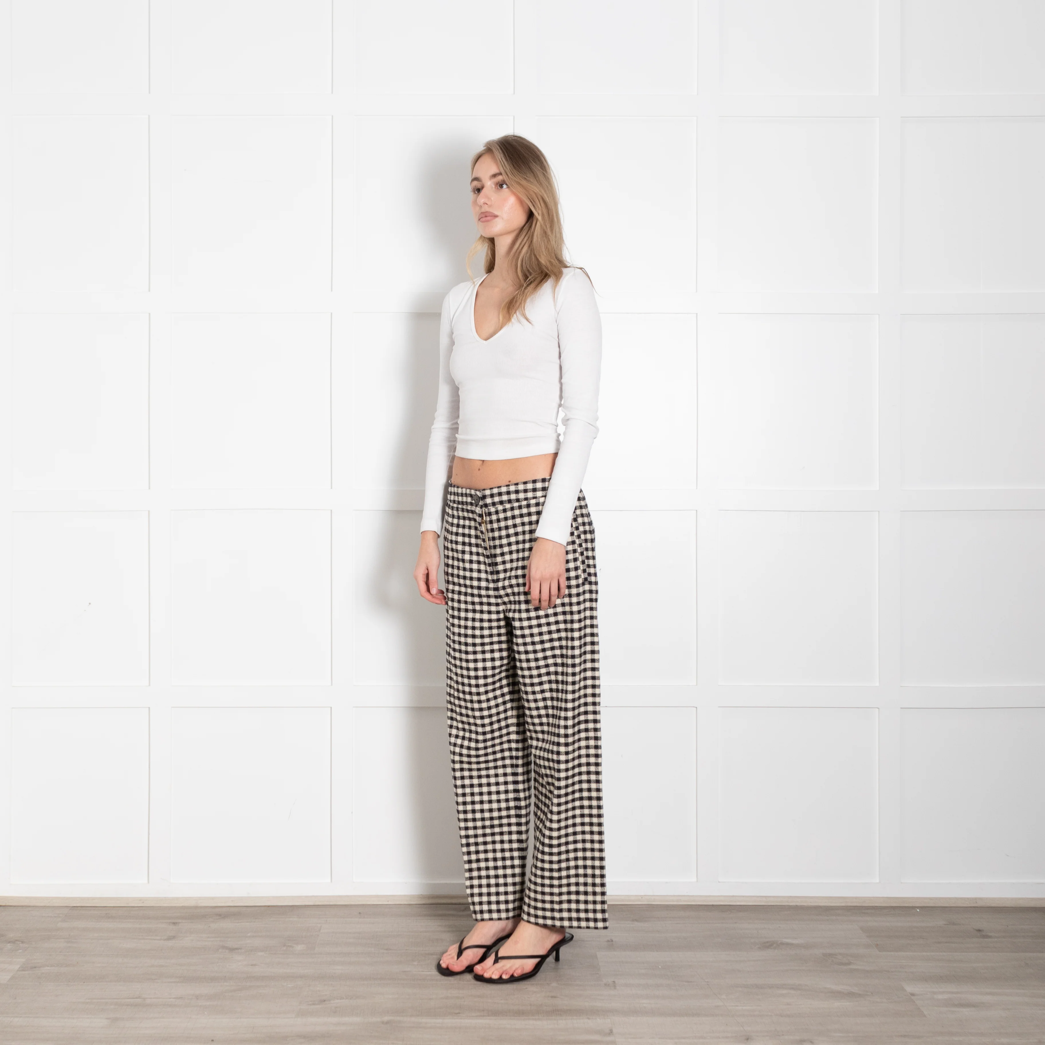 Sezane Black Cream Check Wide Leg Long Trousers - Image 3