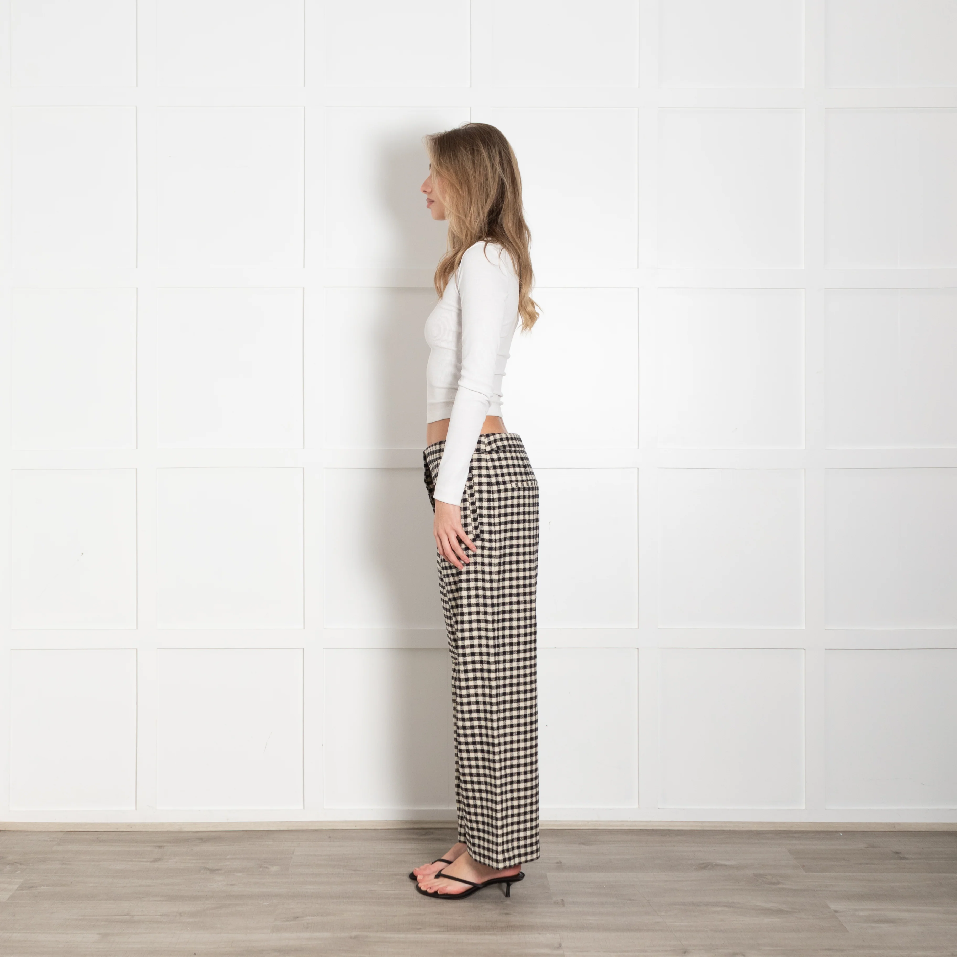 Sezane Black Cream Check Wide Leg Long Trousers - Image 4