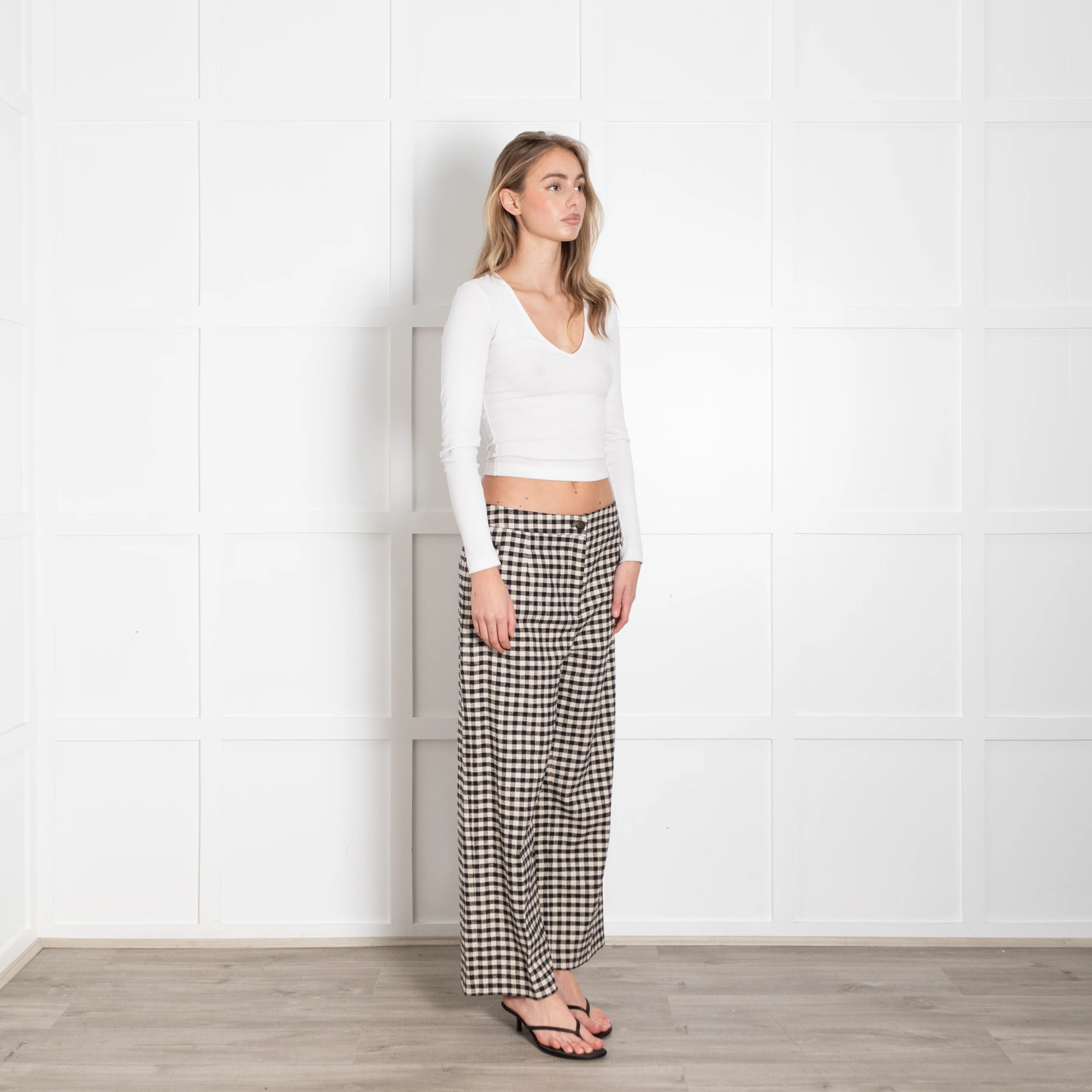 Sezane Black Cream Check Wide Leg Long Trousers - Image 7
