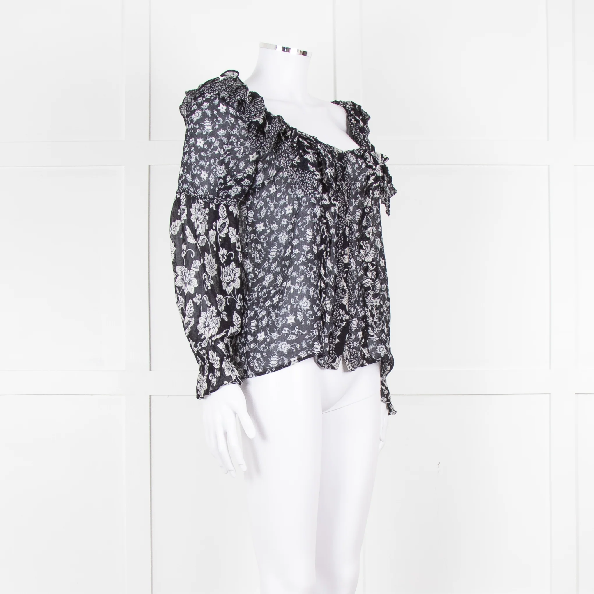 Sezane Black Cream Floral Ruffle Trim Blouse - Image 2