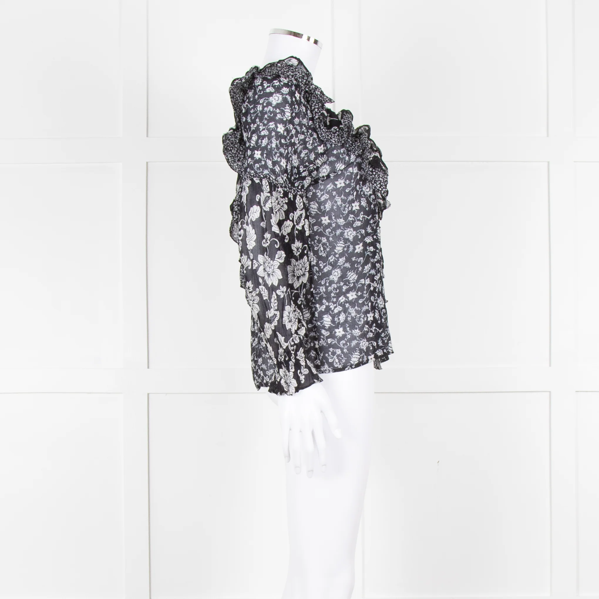 Sezane Black Cream Floral Ruffle Trim Blouse - Image 3