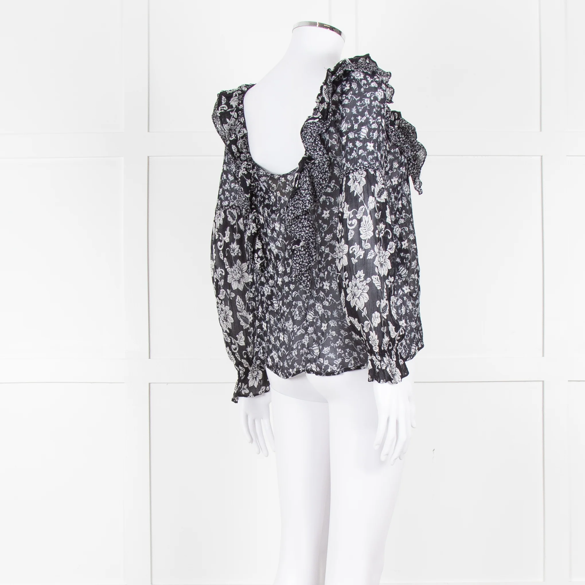 Sezane Black Cream Floral Ruffle Trim Blouse - Image 4