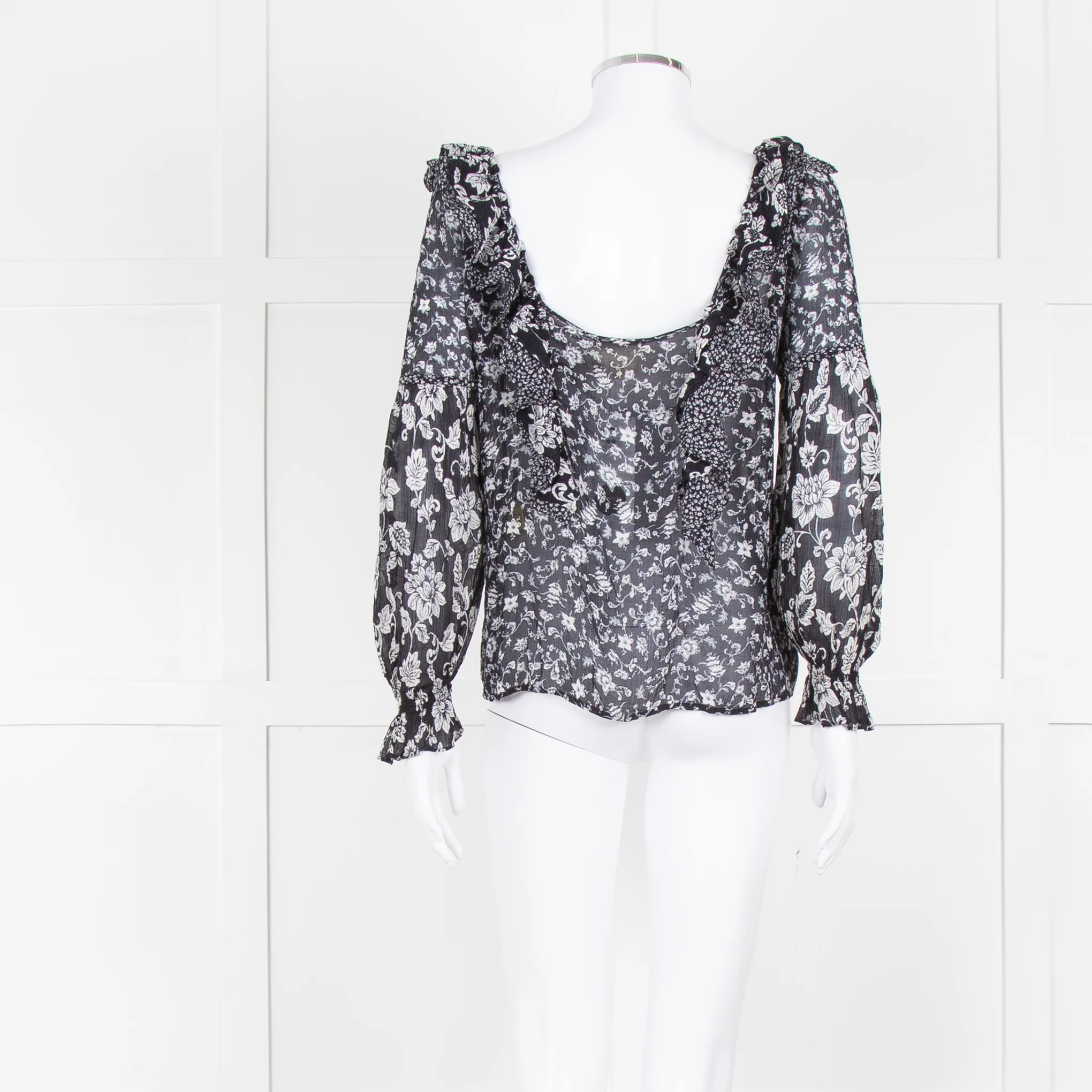 Sezane Black Cream Floral Ruffle Trim Blouse - Image 5