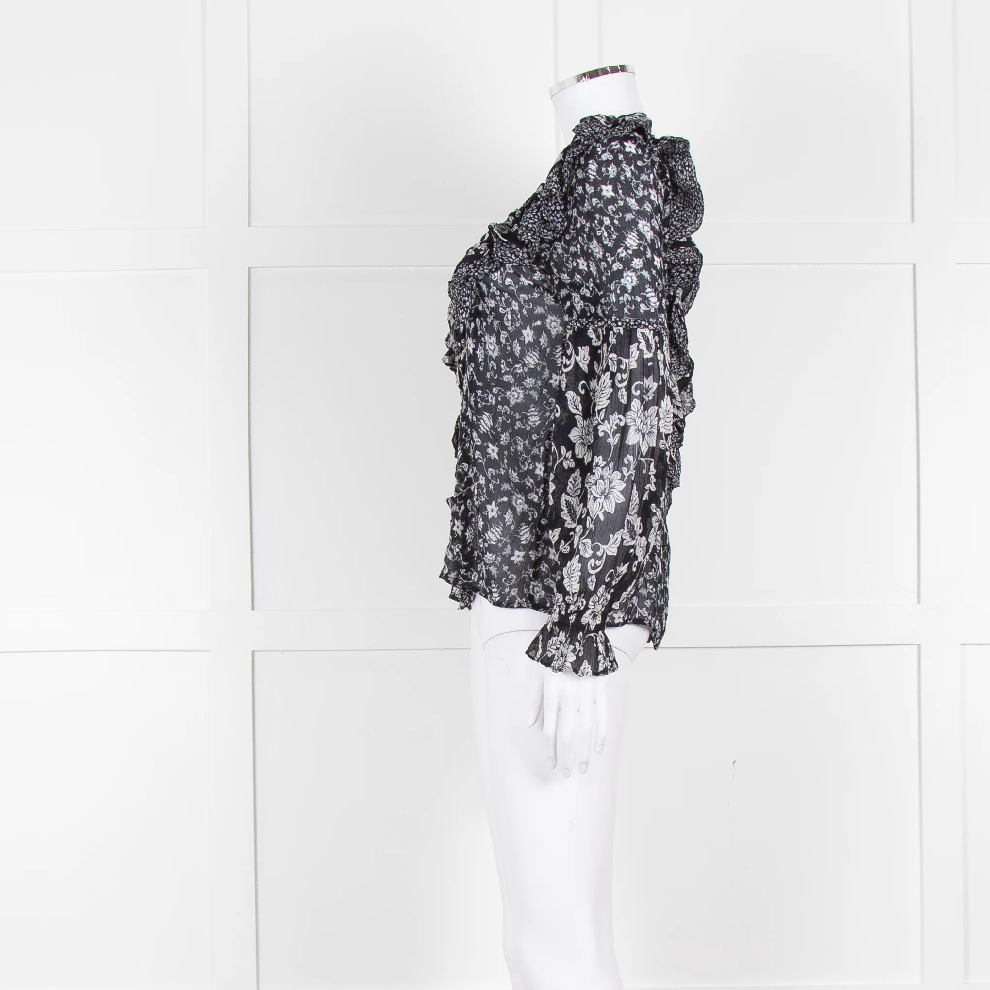 Sezane Black Cream Floral Ruffle Trim Blouse - Image 7