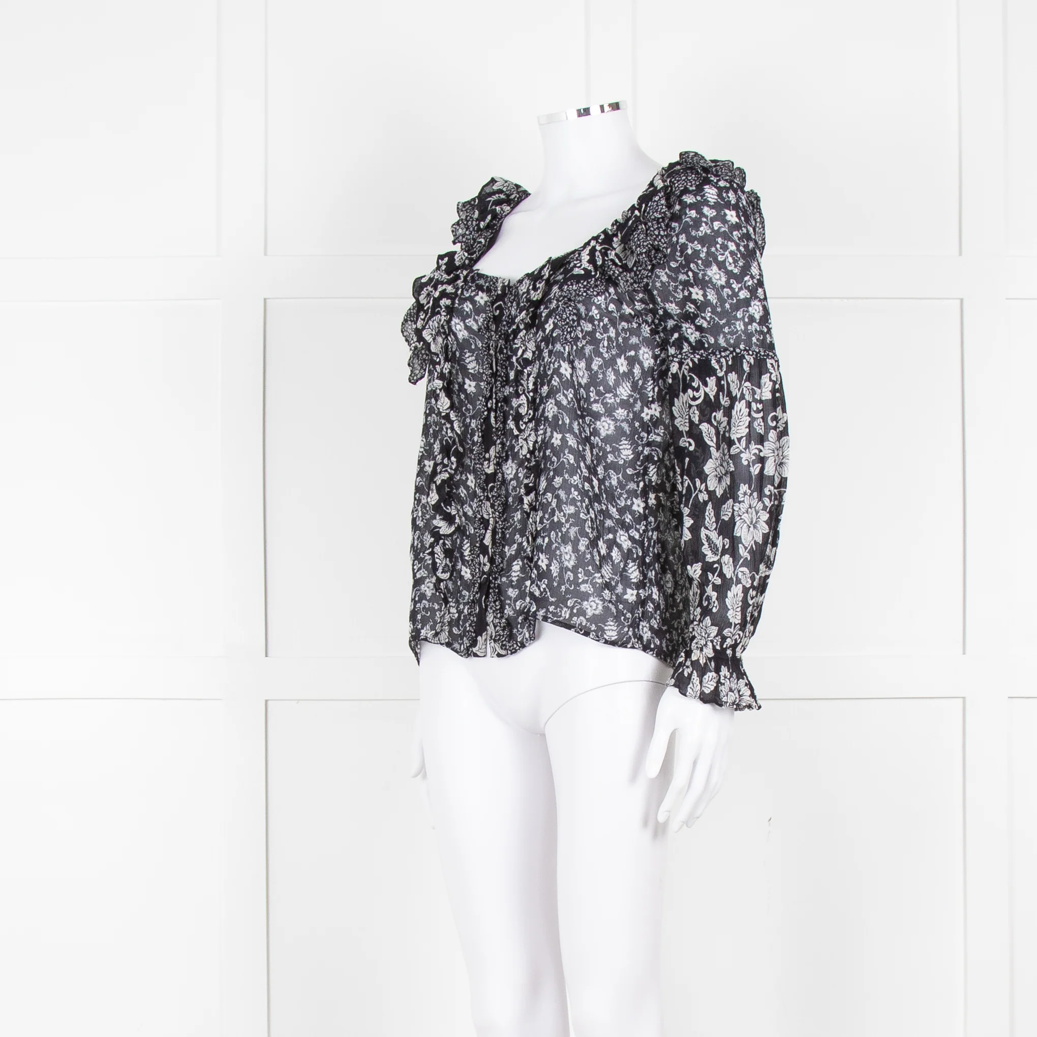 Sezane Black Cream Floral Ruffle Trim Blouse - Image 8