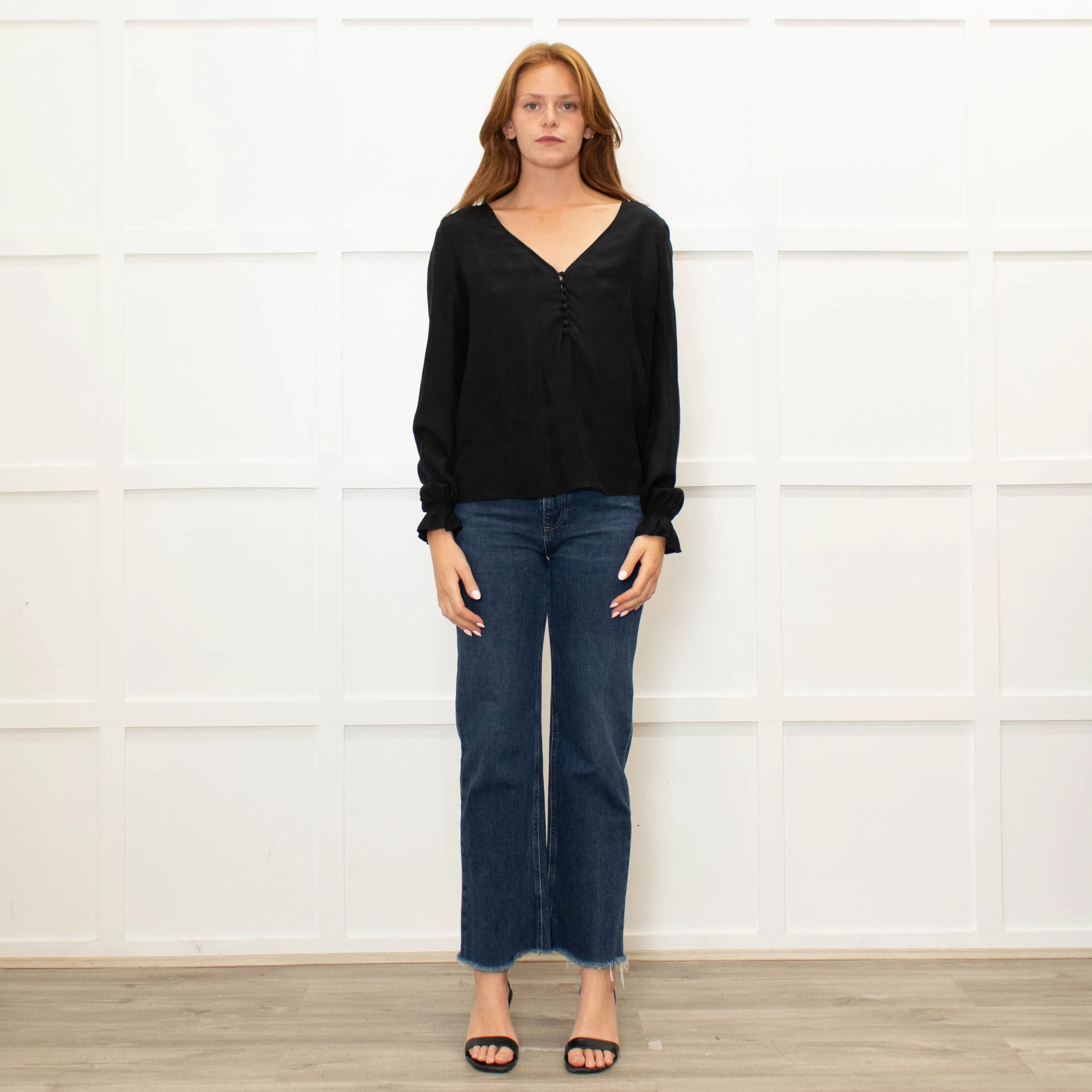 Sezane Black V Neck Leaf Print Blouse