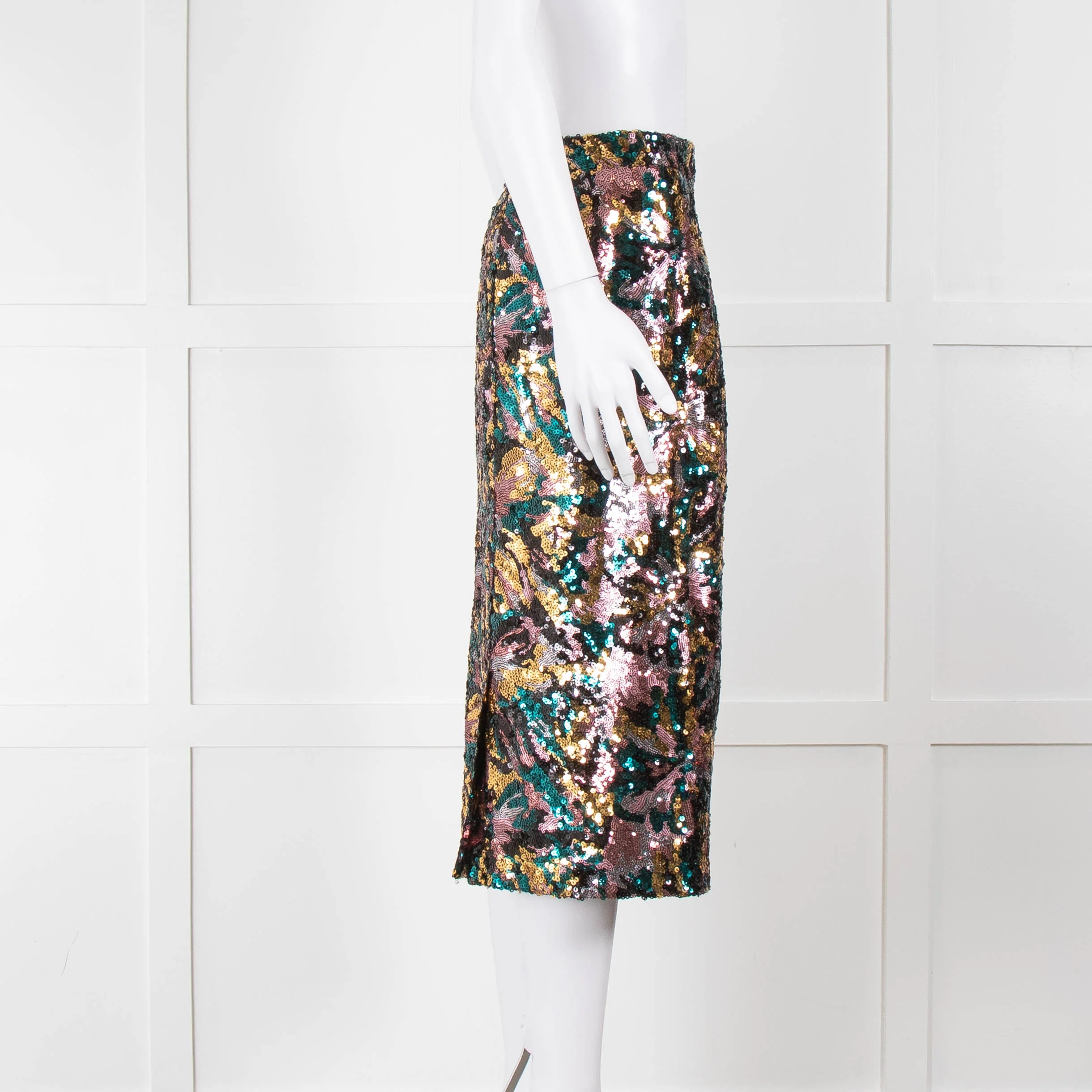 Sezane Blue, Gold and Pink Sequin Floral Pencil Skirt - Image 3