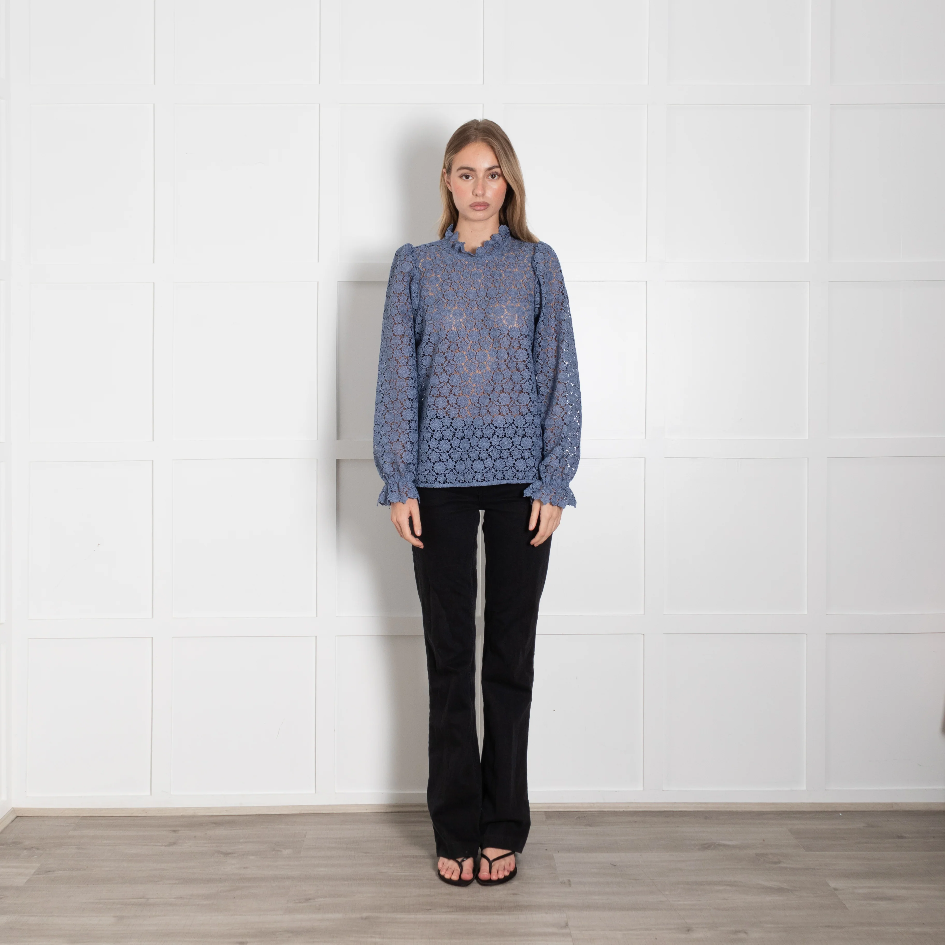 Sezane Blue Lace Ruffle Neck Top