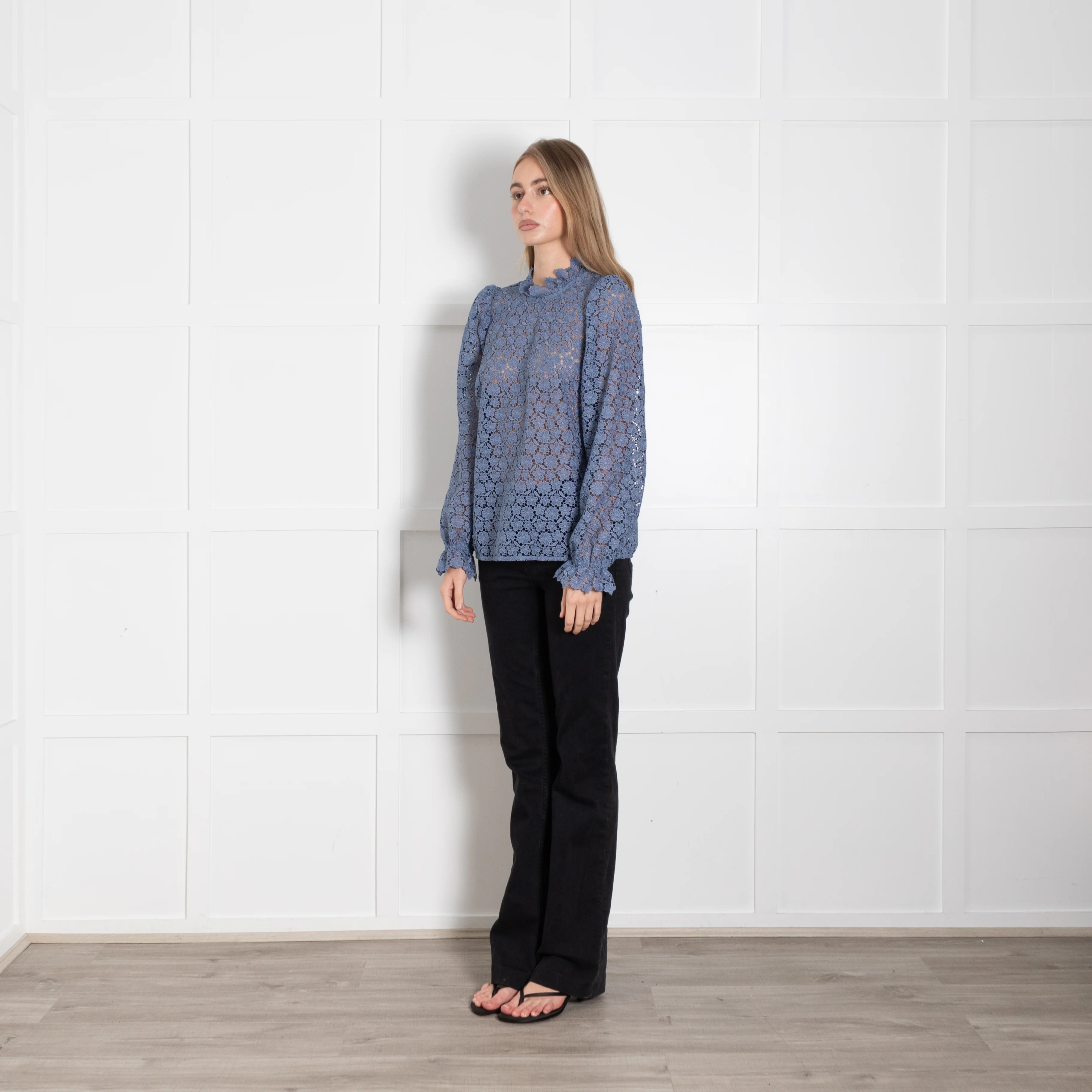 Sezane Blue Lace Ruffle Neck Top - Image 3