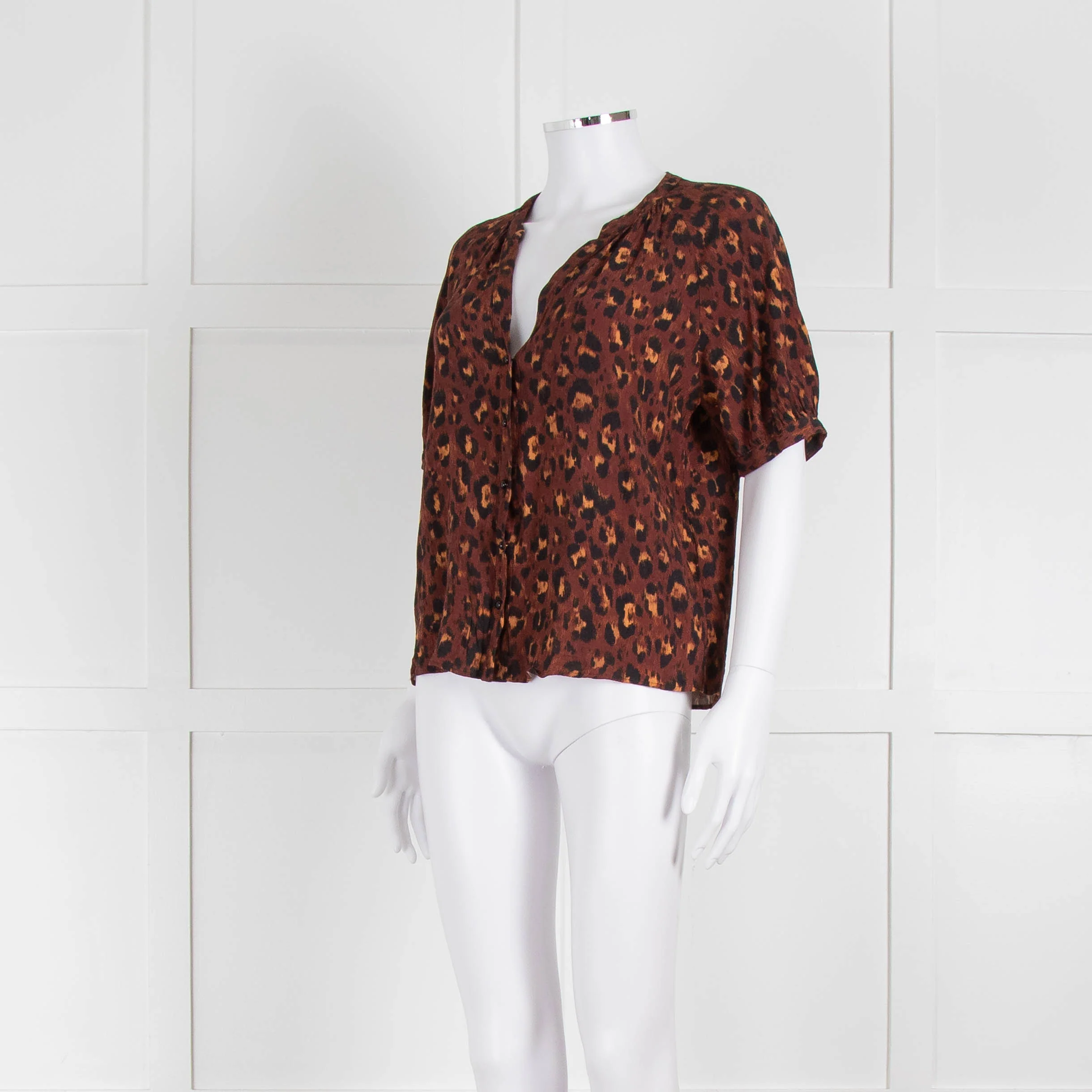 Sezane Brown Orange Leopard Print Short Sleeve Blouse - Image 8