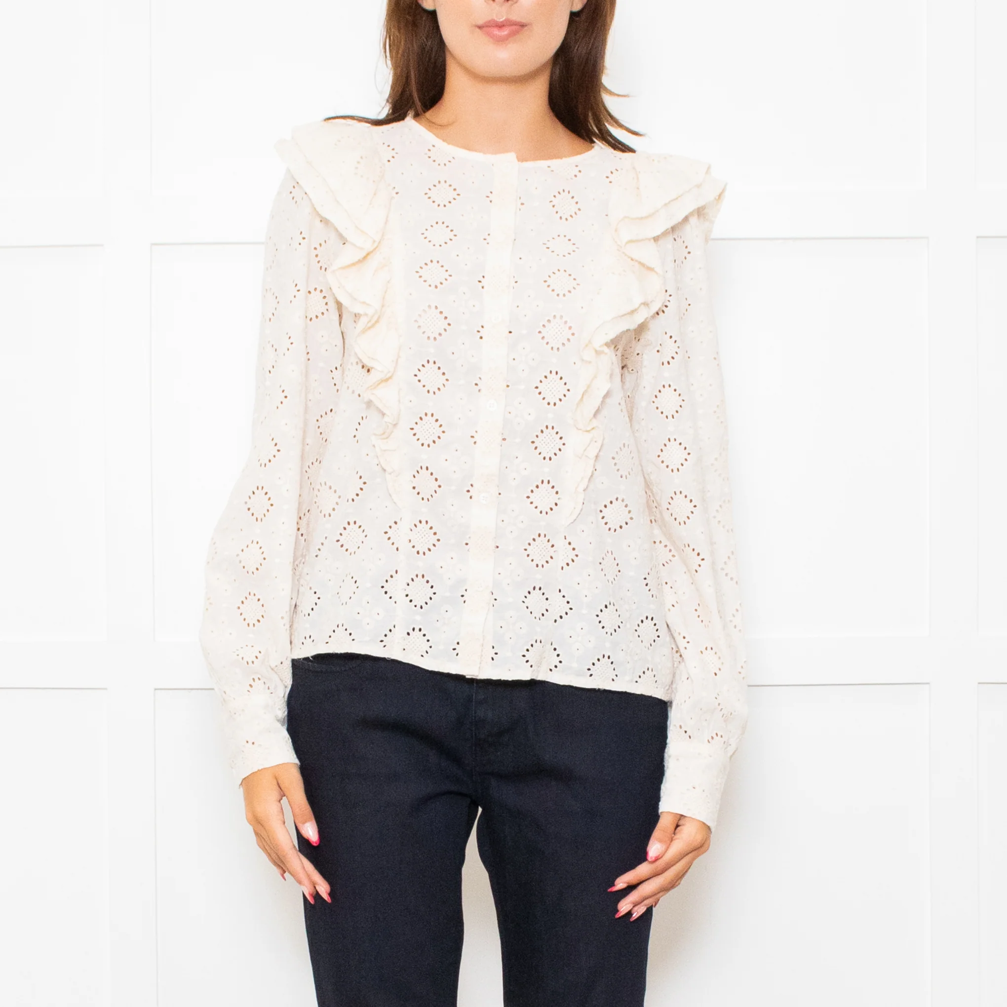 Sezane Cream Cotton Broderie Anglaise Frill Detail Blouse - Image 2