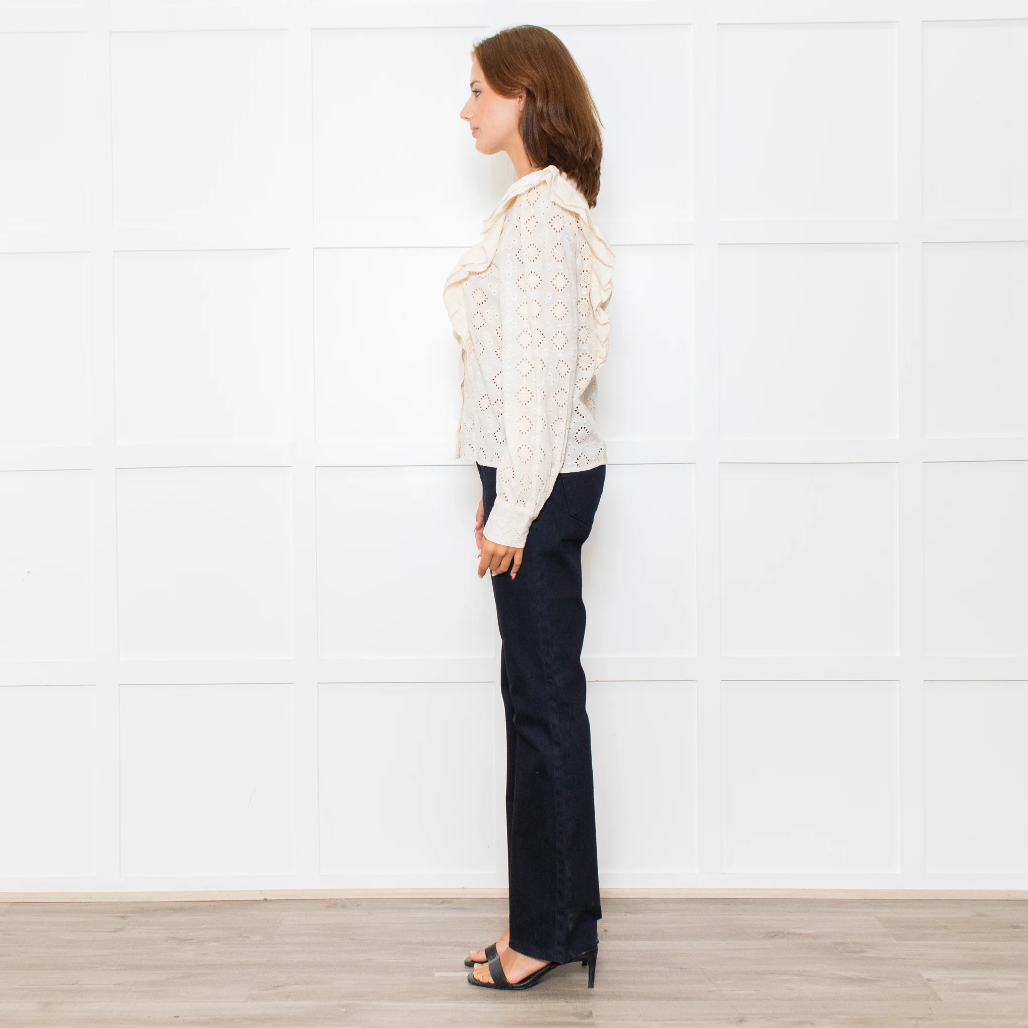 Sezane Cream Cotton Broderie Anglaise Frill Detail Blouse - Image 4