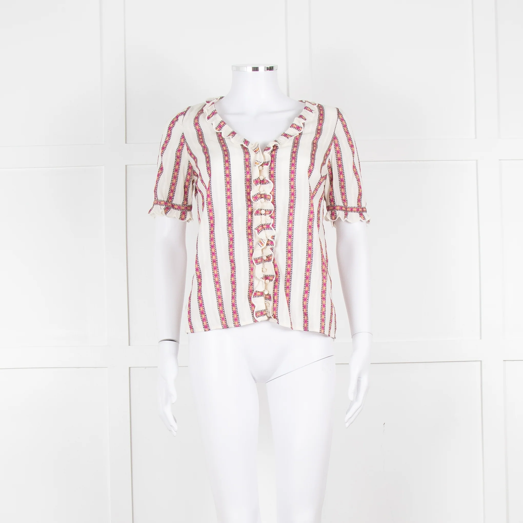 Sezane Cream Magenta Gold Stripe Scallop Edged Blouse