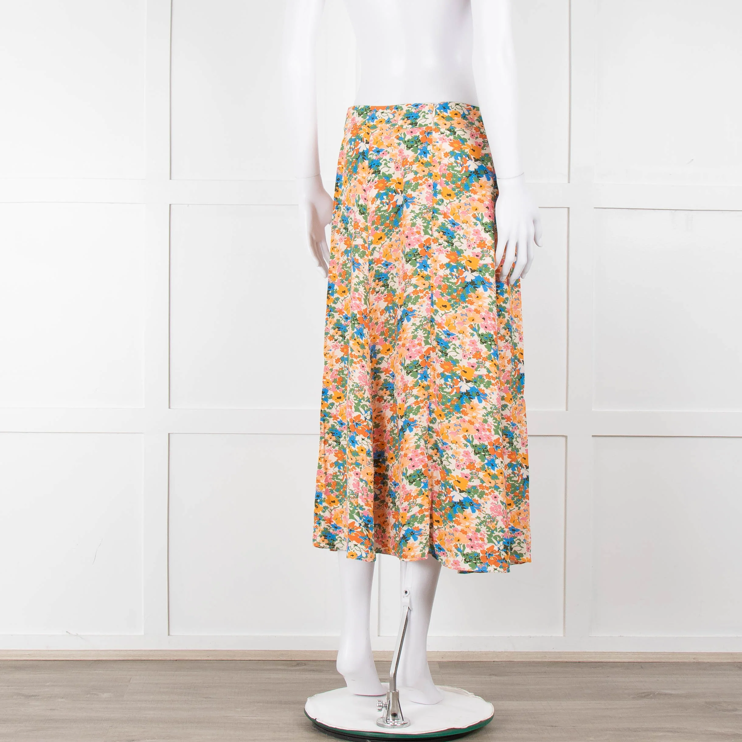 Sezane Cream Orange Green Floral Midi Skirt - Image 5