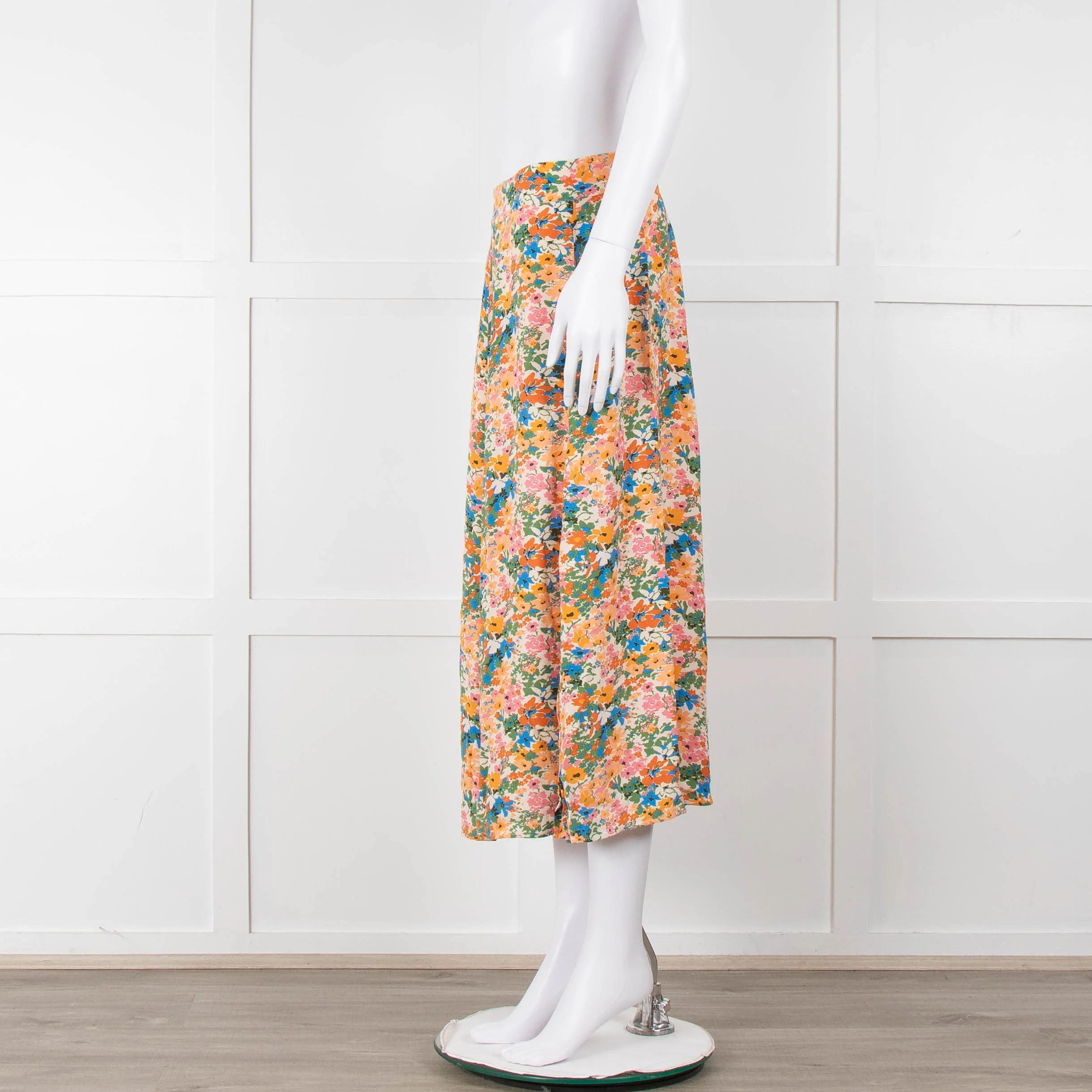 Sezane Cream Orange Green Floral Midi Skirt - Image 8