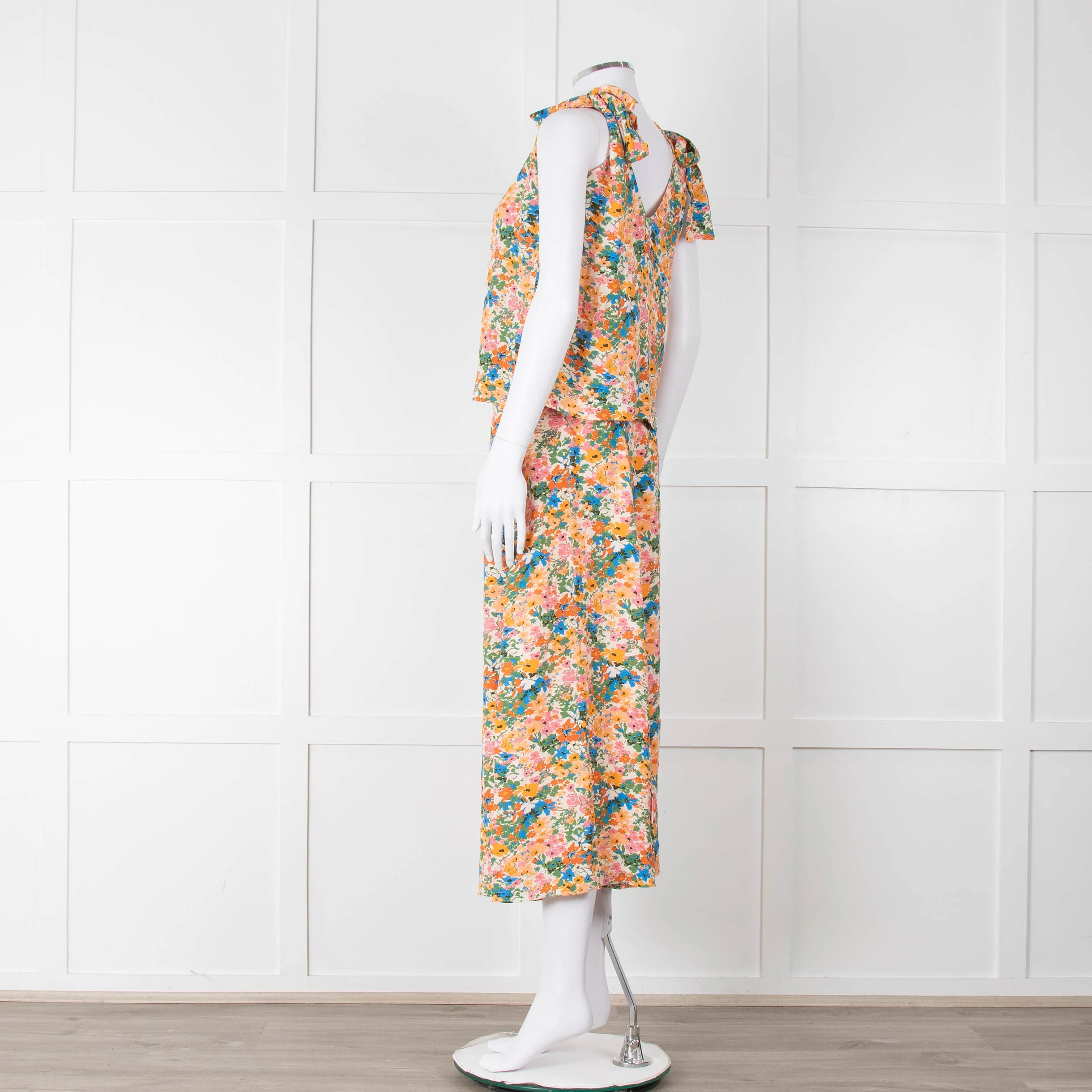 Sezane Cream Orange Green Floral Tie Up Strap Vest - Image 14